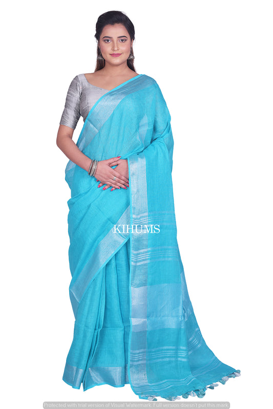 Sky Blue Shade Handwoven Linen Saree | Silver Zari Border | KIHUMS Saree