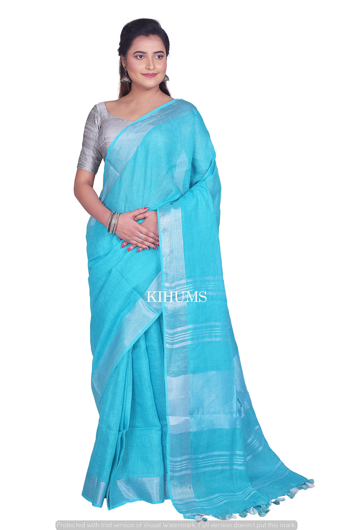 Sky Blue Shade Handwoven Linen Saree | Silver Zari Border | KIHUMS Saree kihums clothing