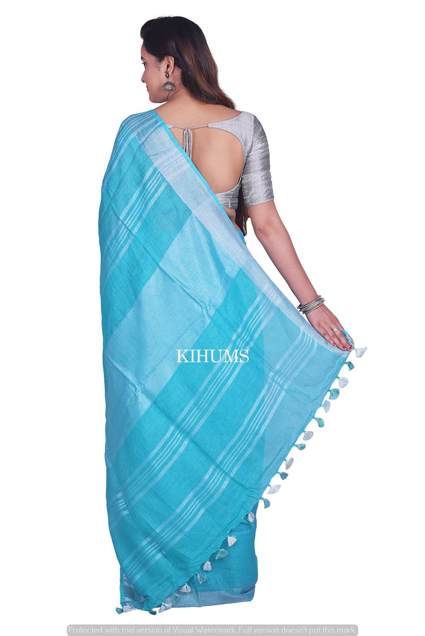 Sky Blue Shade Handwoven Linen Saree | Silver Zari Border | KIHUMS Saree kihums clothing