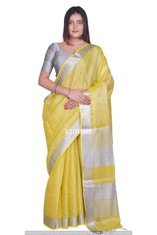 Yellow Shade with Silver Tinge | Tissue Linen Saree | KIHUMS Saree