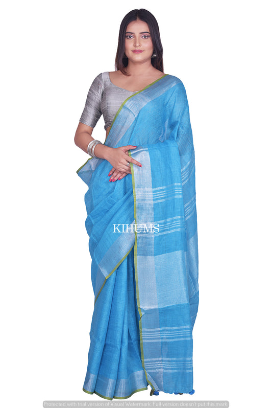 Blue Shade Handwoven Linen Saree | Contrast Blouse | KIHUMS Saree