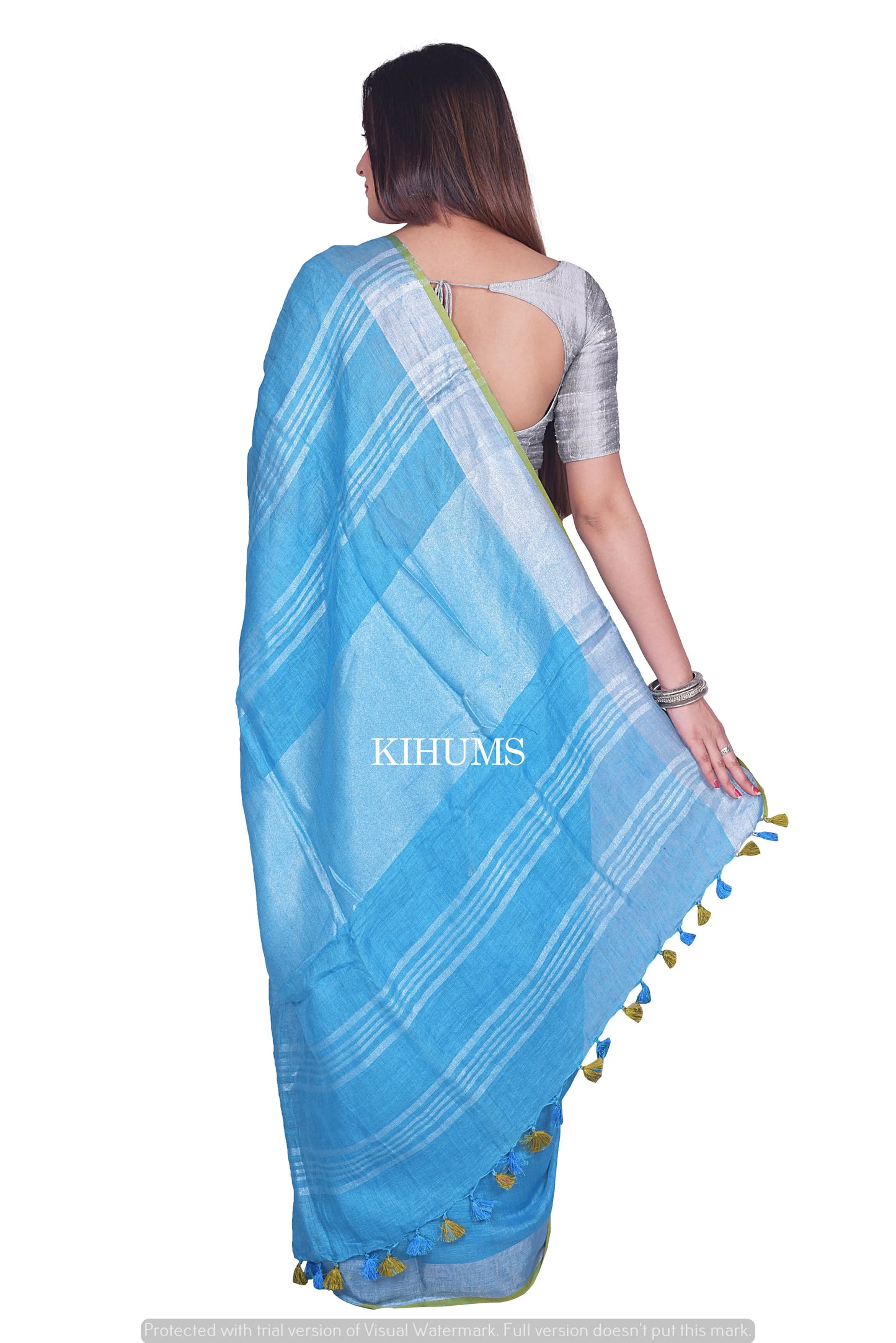 Blue Shade Handwoven Linen Saree | Contrast Blouse | KIHUMS Saree kihums clothing
