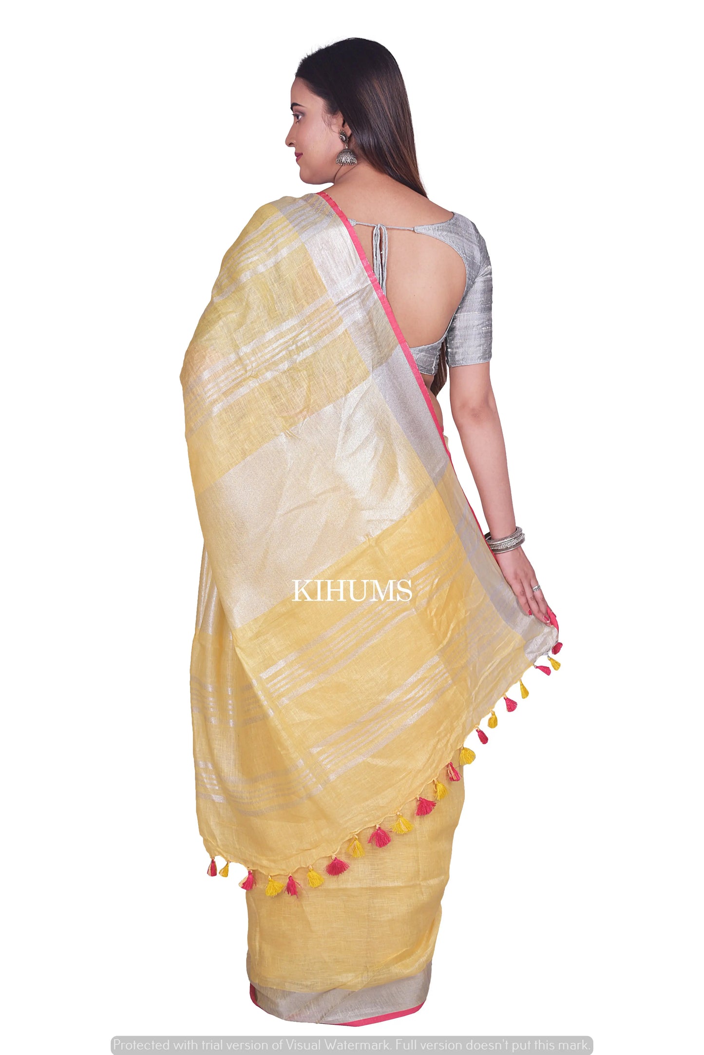 Yellow shade Handwoven Linen Saree | Contrast Blouse | KIHUMS Saree kihums clothing