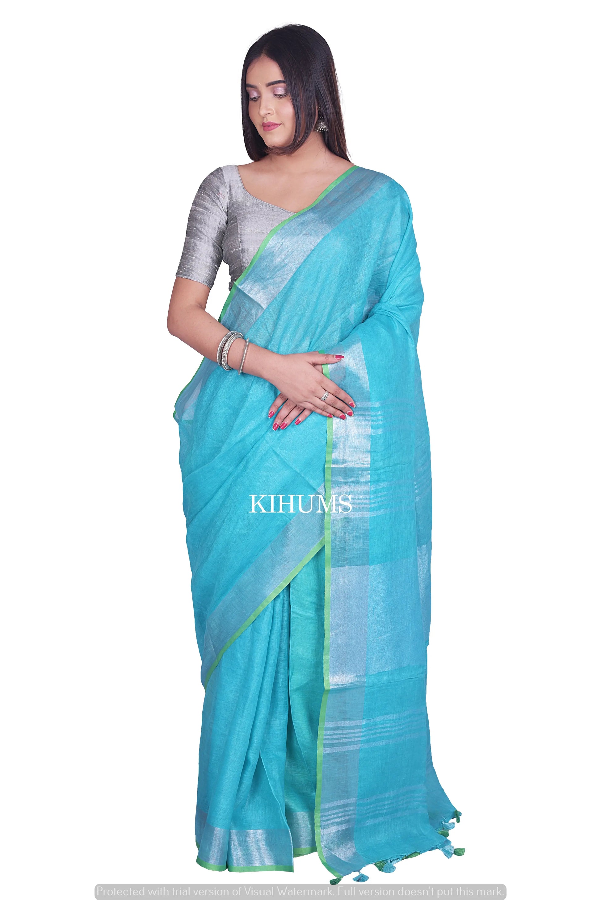 Turquoise shade Handwoven Linen Saree | Contrast Blouse | KIHUMS Saree kihums clothing