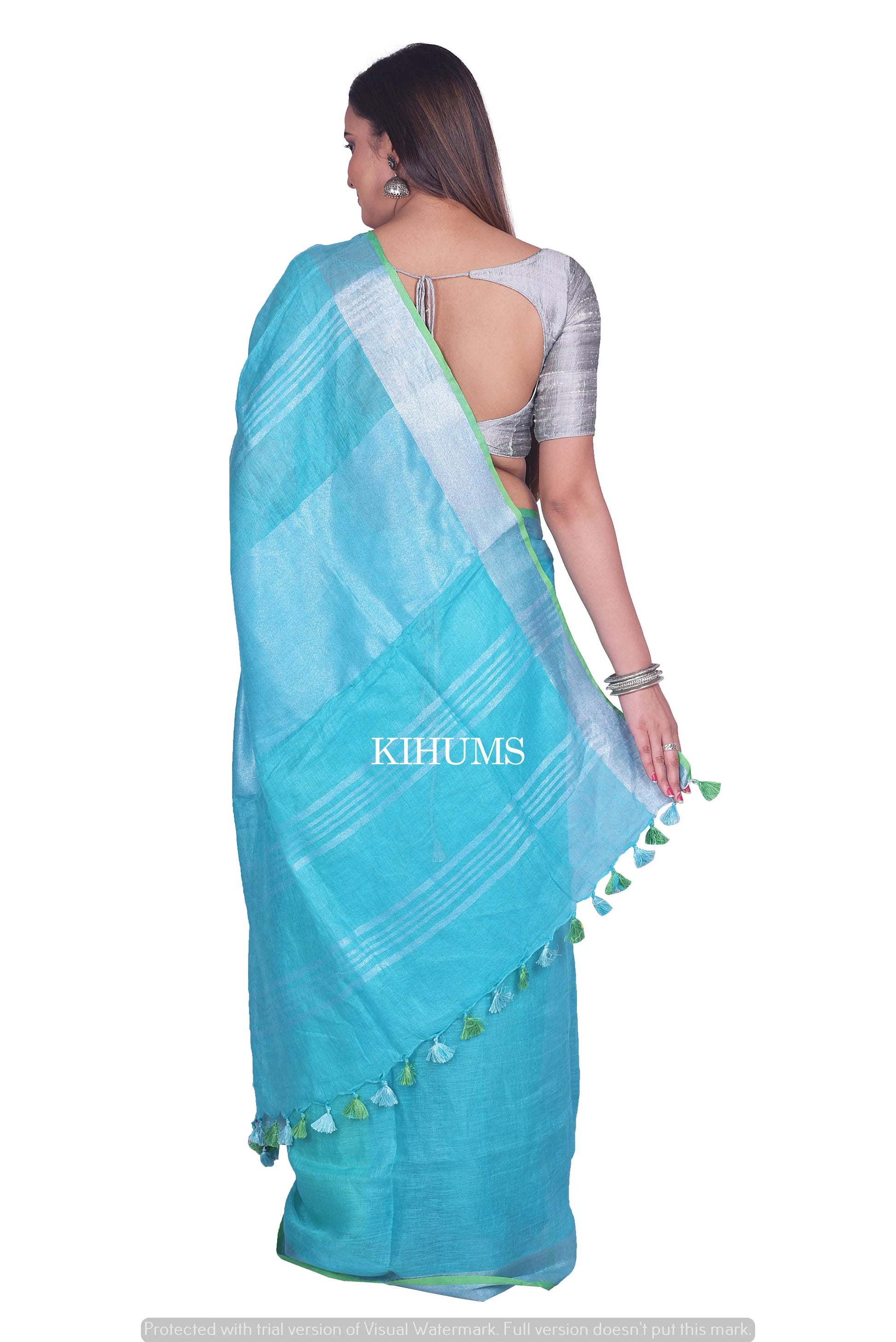 Turquoise shade Handwoven Linen Saree | Contrast Blouse | KIHUMS Saree kihums clothing