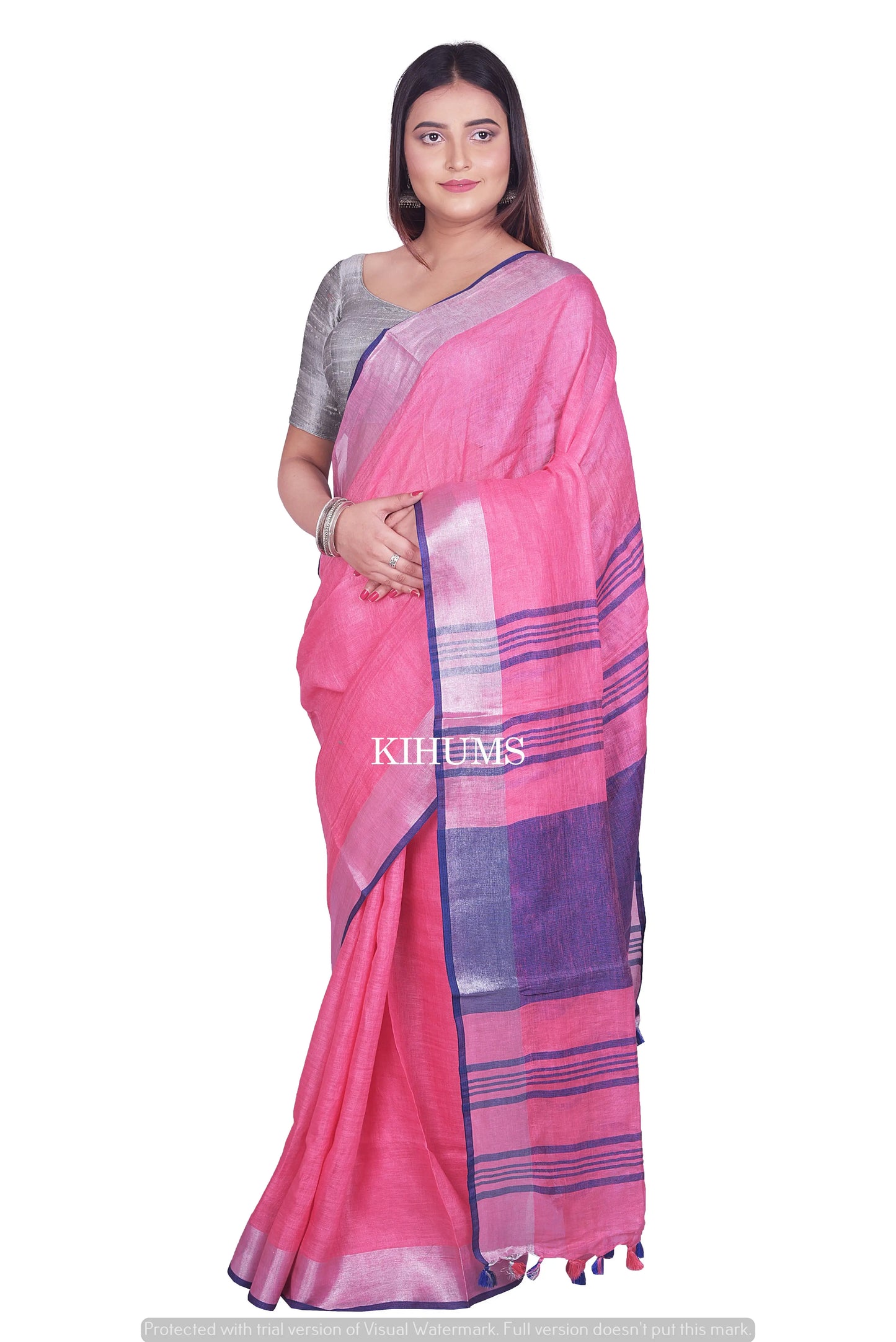 Pink shade Handwoven Linen Saree | Contrast Blouse | KIHUMS Saree kihums clothing