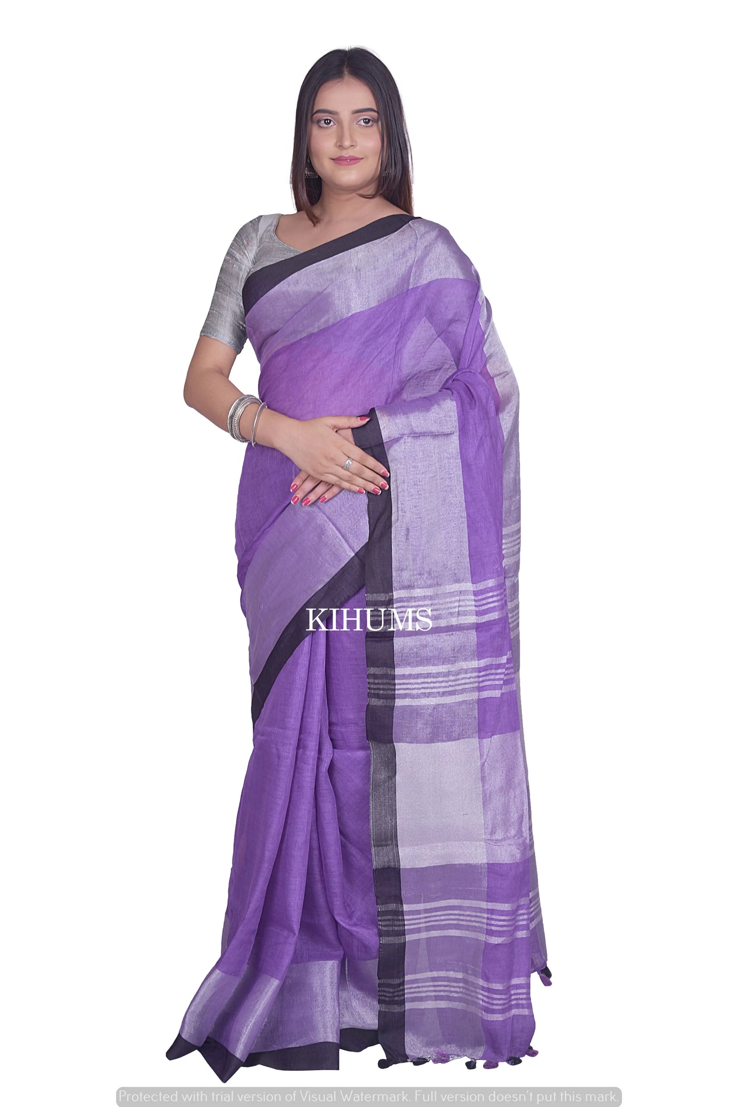 Lavender Shade Handwoven Linen Saree | Contrast border | KIHUMS Saree kihums clothing