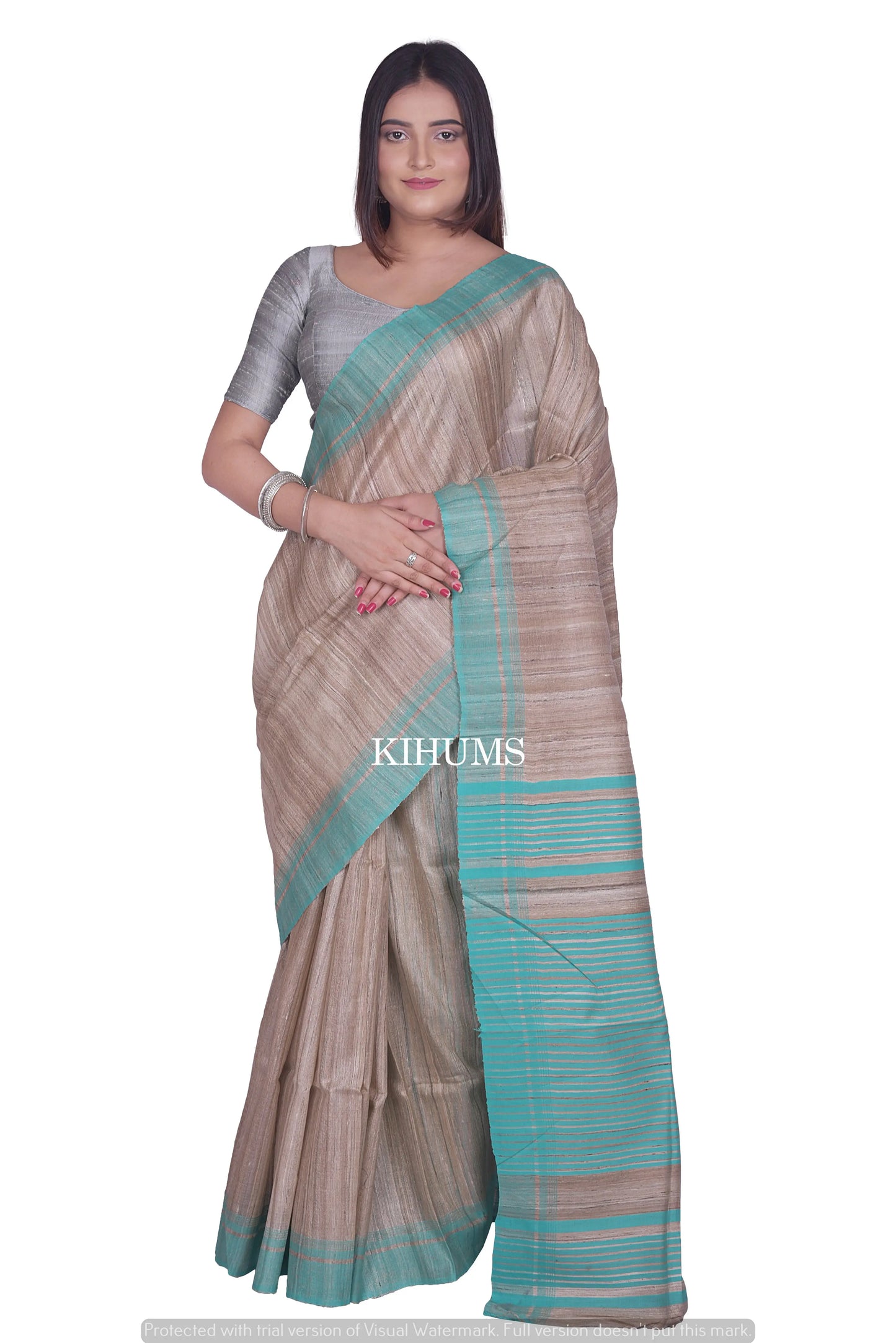 Beige Shade Handwoven Tussar Silk Saree | Contrast Border | KIHUMS Saree kihums clothing