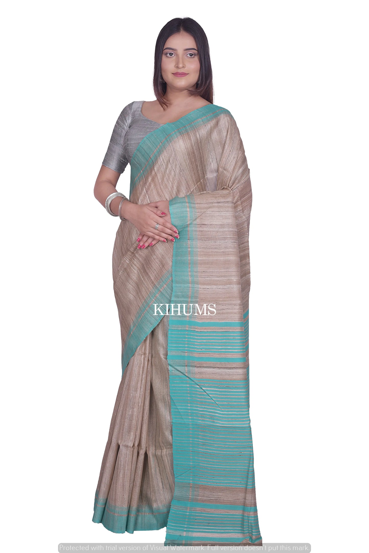 Beige Shade Handwoven Tussar Silk Saree | Contrast Border | KIHUMS Saree kihums clothing