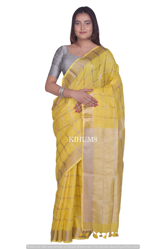 Yellow Shade Handwoven Linen Saree | Gold Zari Checks | KIHUMS Saree