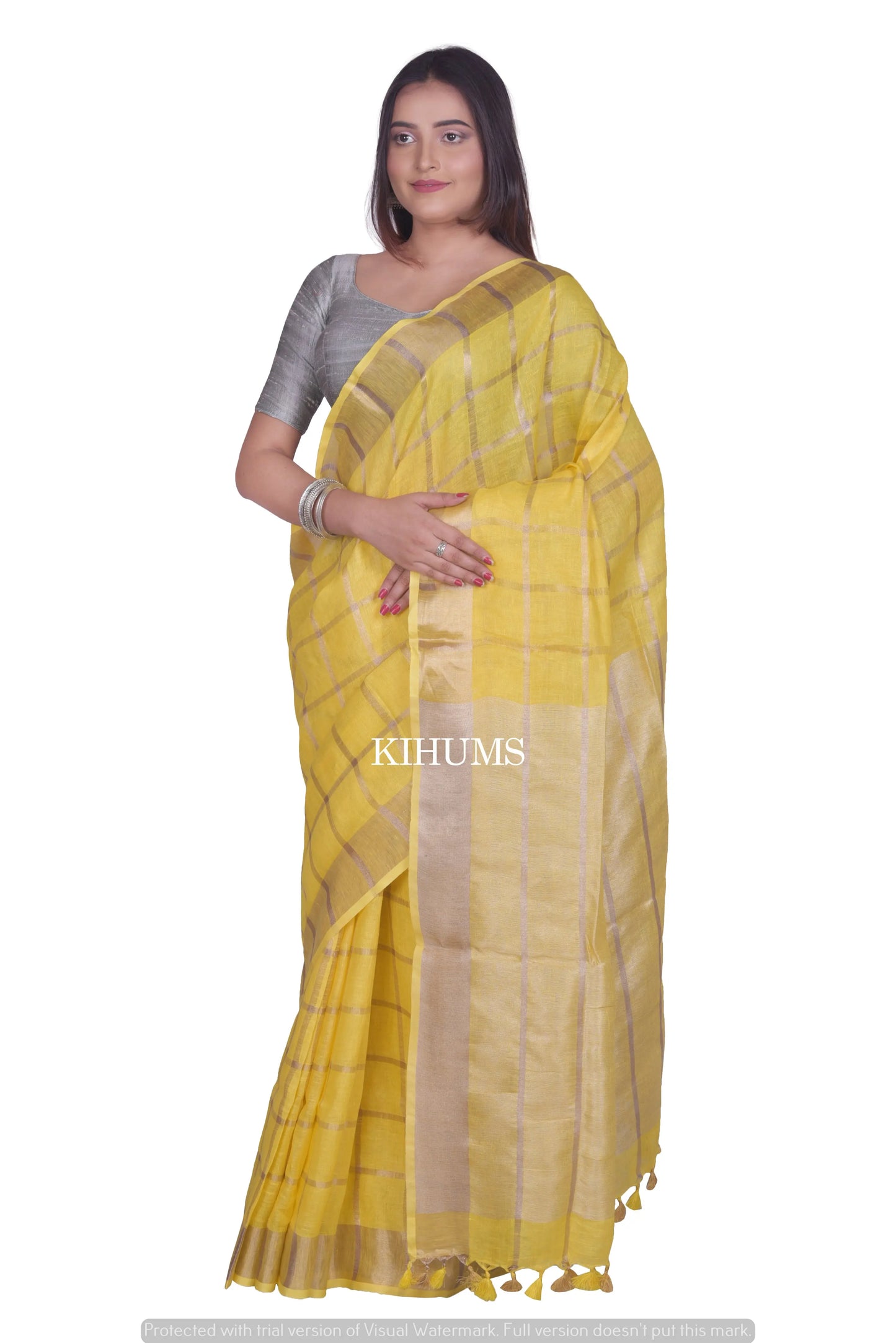 Yellow Shade Handwoven Linen Saree | Gold Zari Checks | KIHUMS Saree kihums clothing