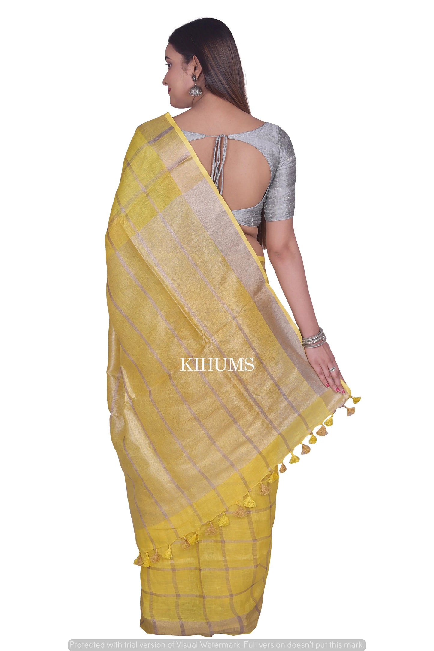 Yellow Shade Handwoven Linen Saree | Gold Zari Checks | KIHUMS Saree kihums clothing