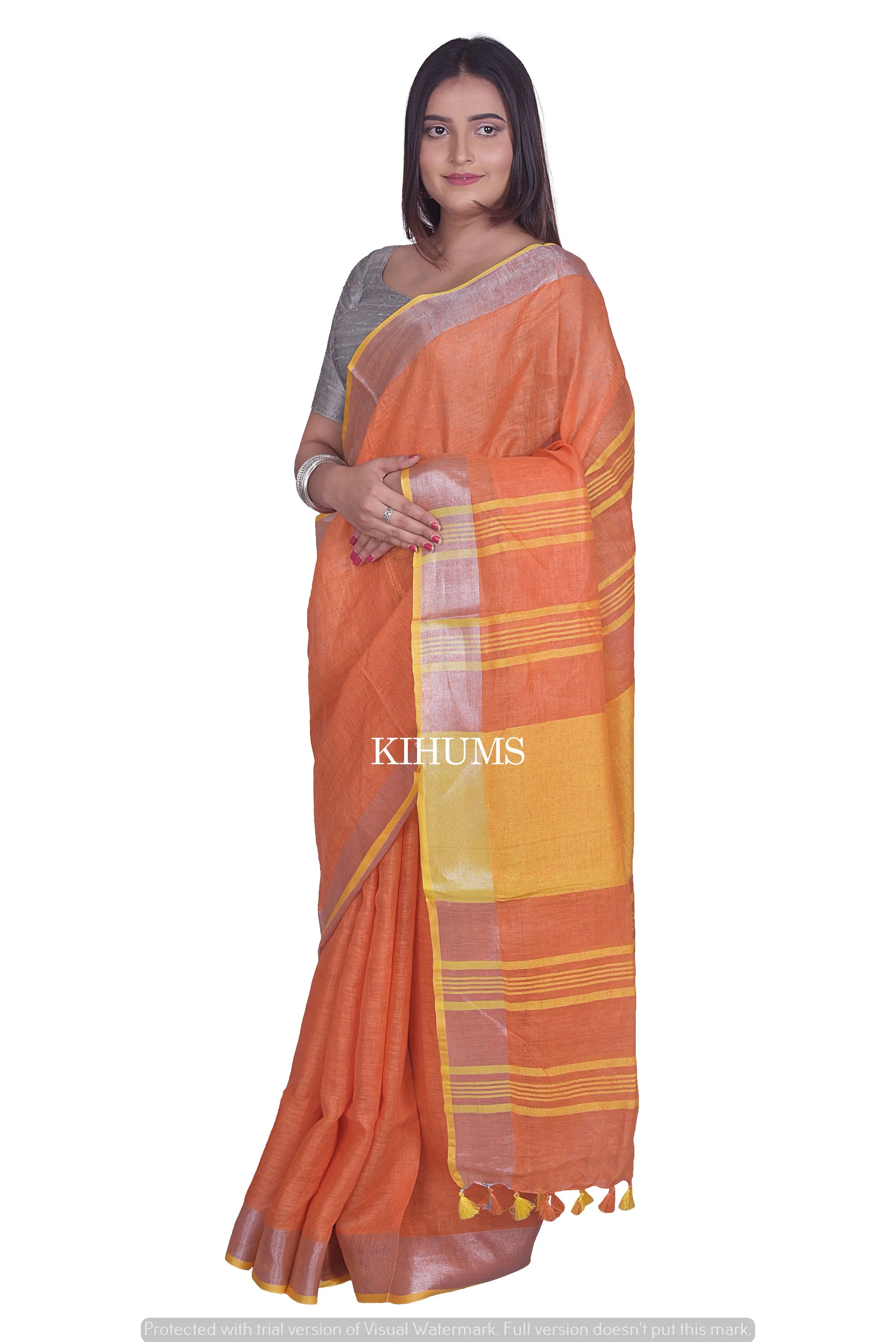 Dusty Orange Shade Handwoven Linen Saree | Silver Zari Border | KIHUMS Saree kihums clothing
