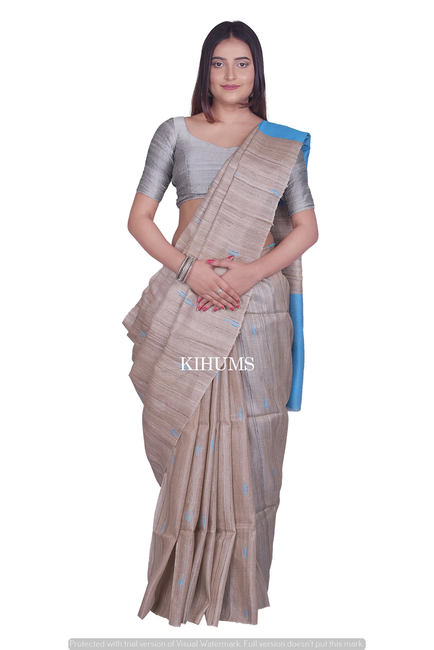 Beige Shade Handwoven Tussar Silk Saree | Contrast Pallu | KIHUMS Saree kihums clothing