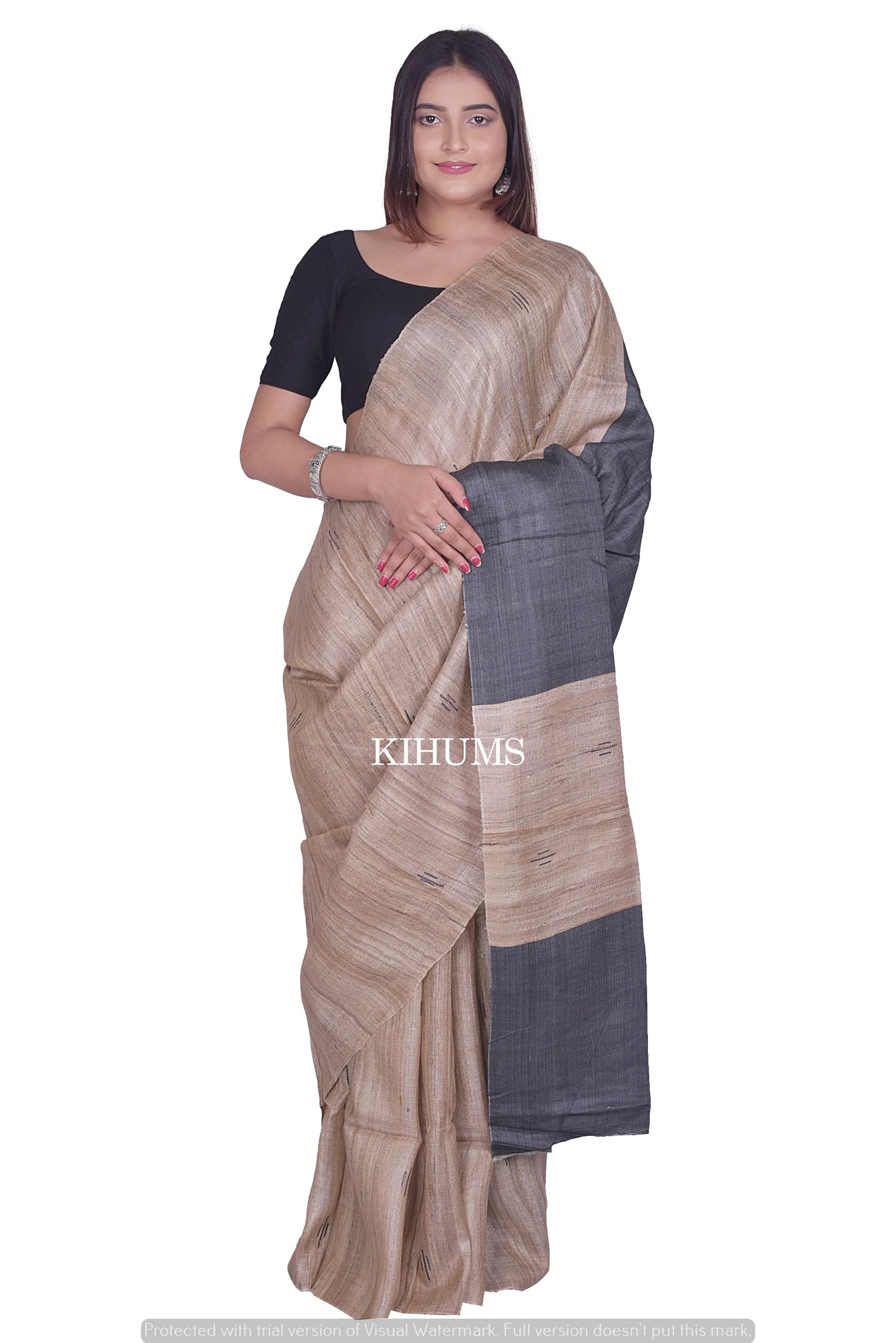 Beige Shade Handwoven Tussar Silk Saree | Contrast Pallu | KIHUMS Saree kihums clothing