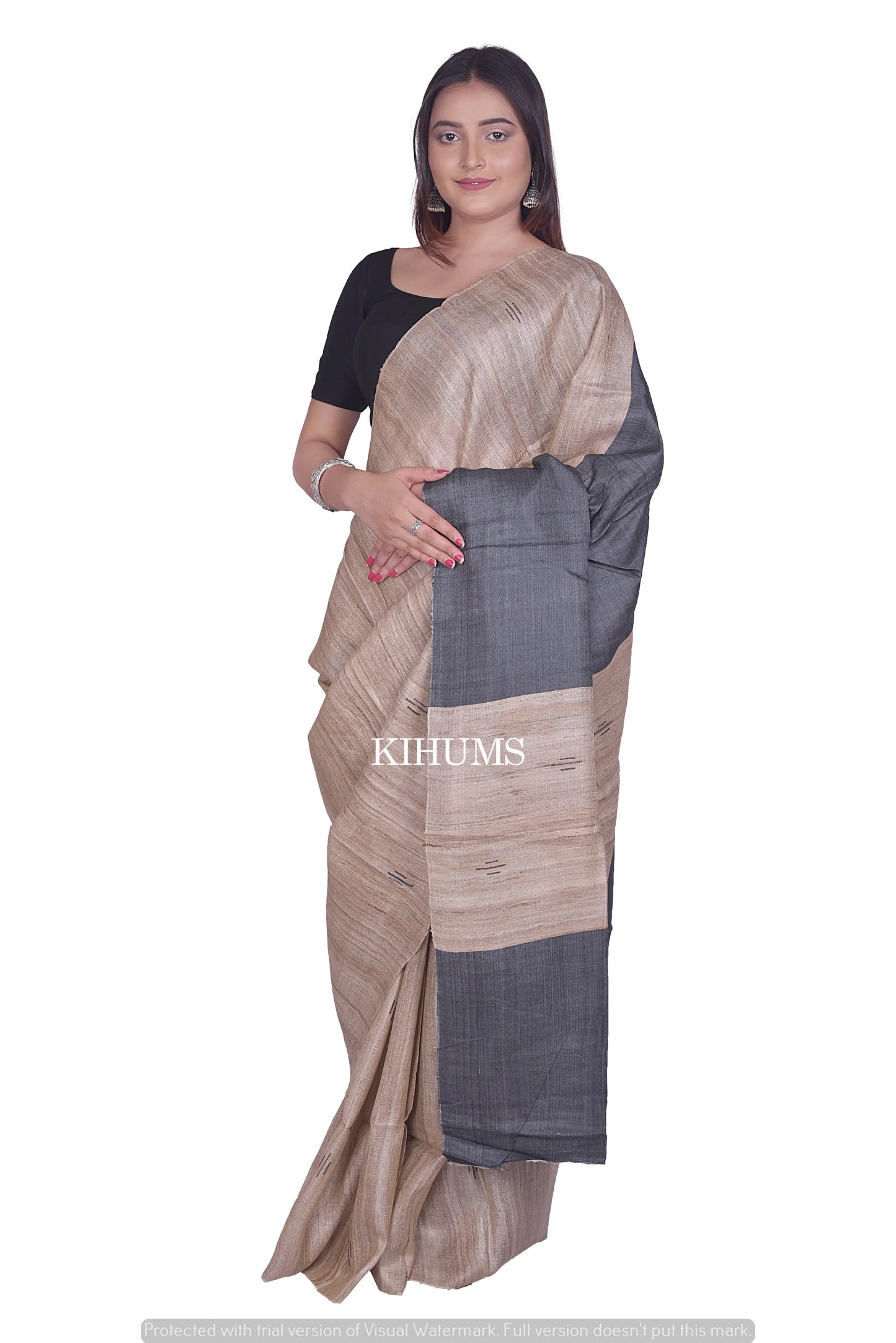 Beige Shade Handwoven Tussar Silk Saree | Contrast Pallu | KIHUMS Saree kihums clothing