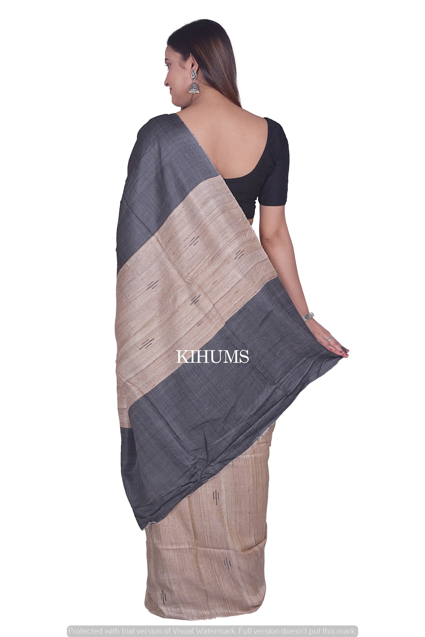 Beige Shade Handwoven Tussar Silk Saree | Contrast Pallu | KIHUMS Saree kihums clothing