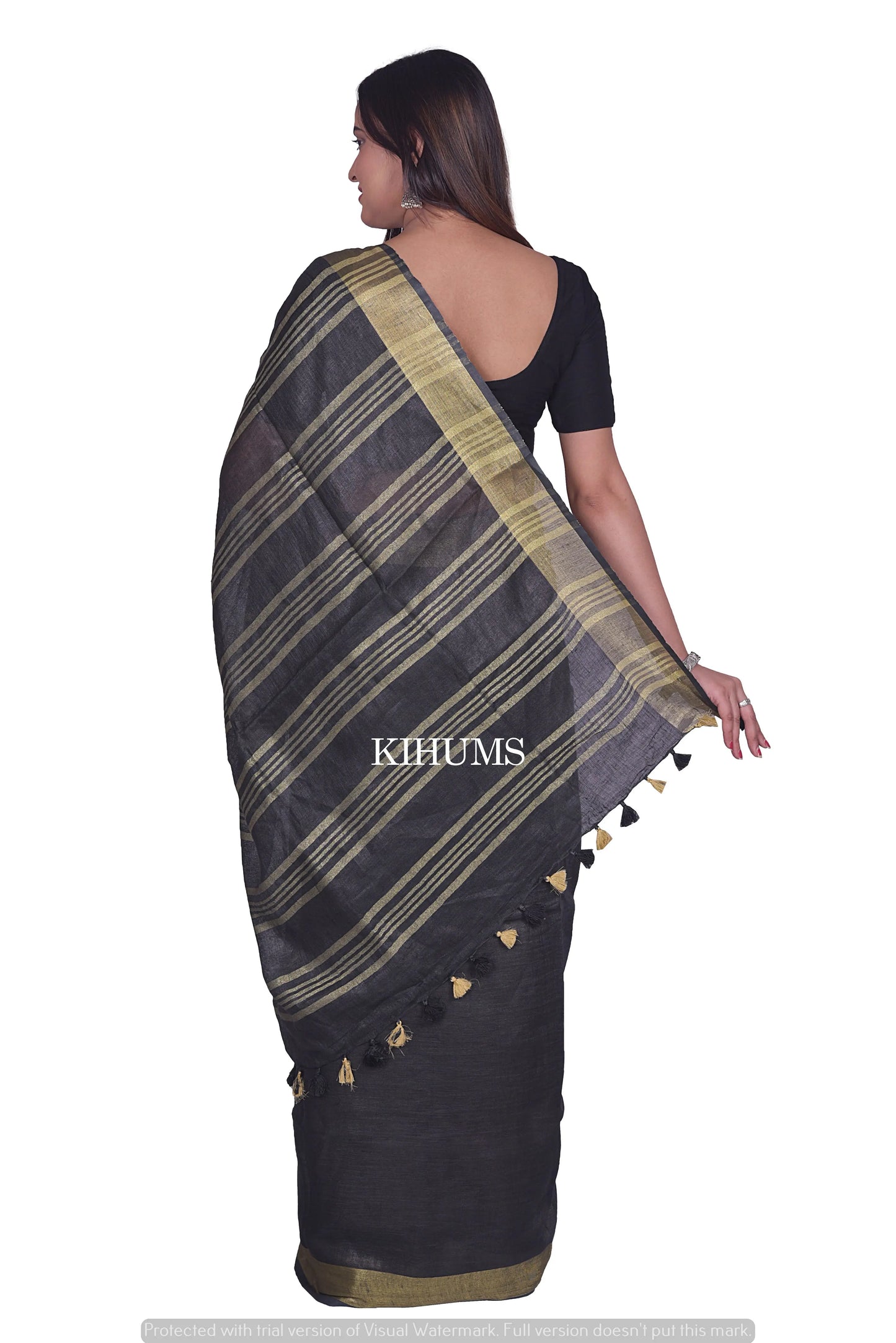 Black Handmade Pure Linen Saree | Gold Zari Border| KIHUMS Saree kihums clothing