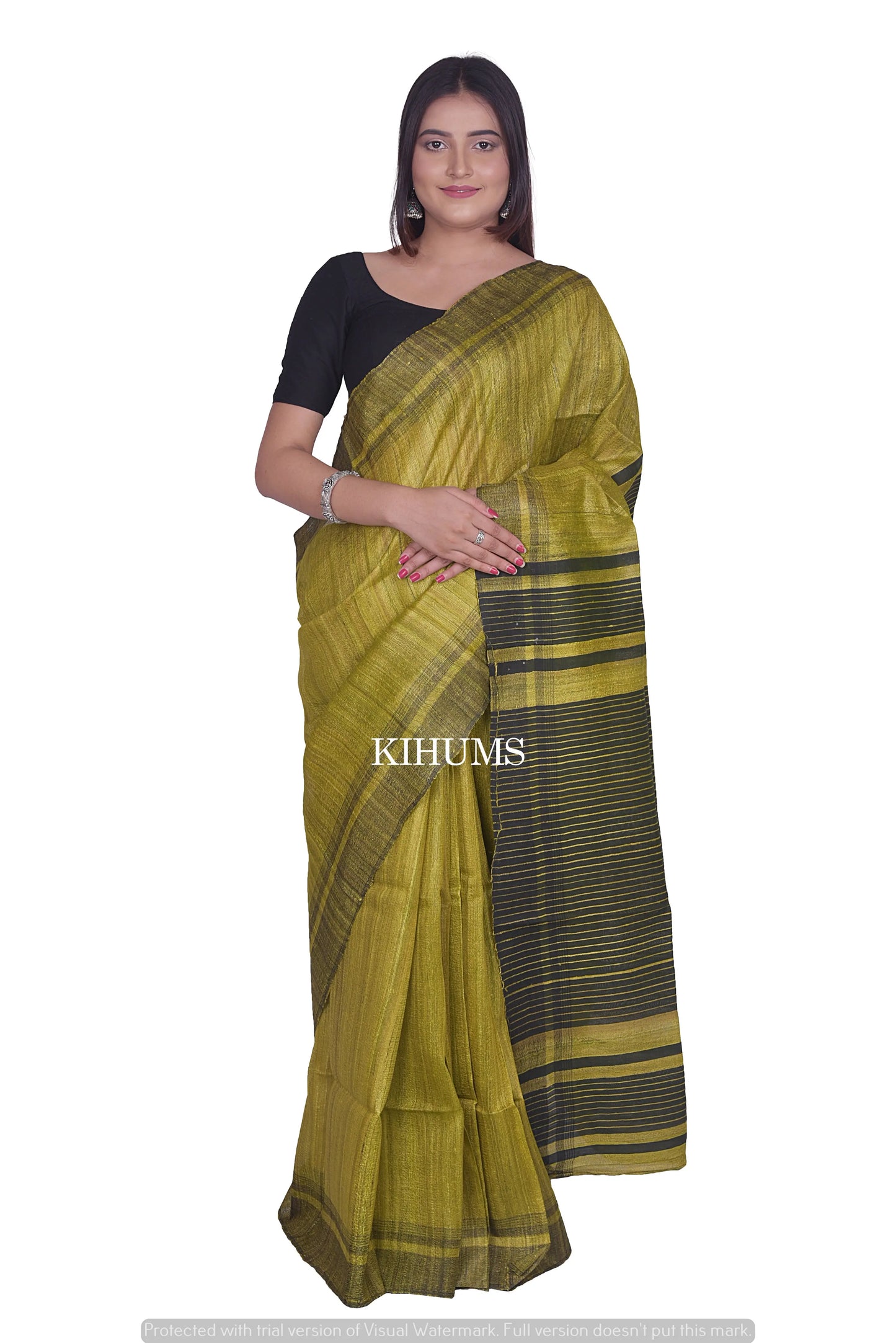 Yellow Shade Handwoven Tussar Silk Saree | Contrast Border | KIHUMS Saree kihums clothing