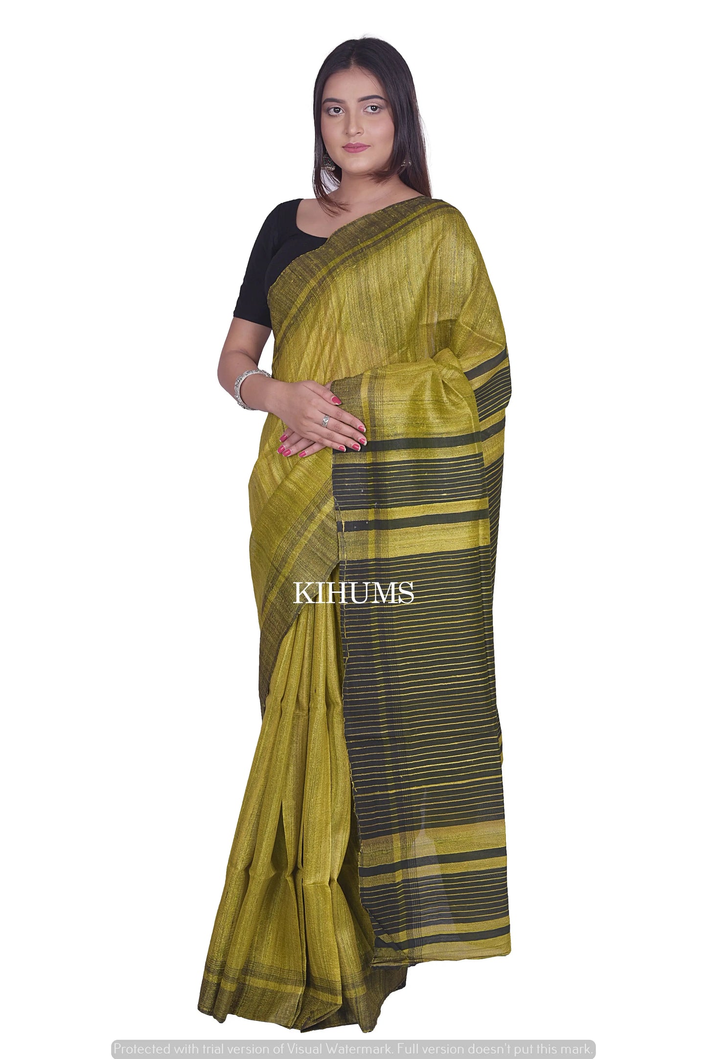 Yellow Shade Handwoven Tussar Silk Saree | Contrast Border | KIHUMS Saree kihums clothing