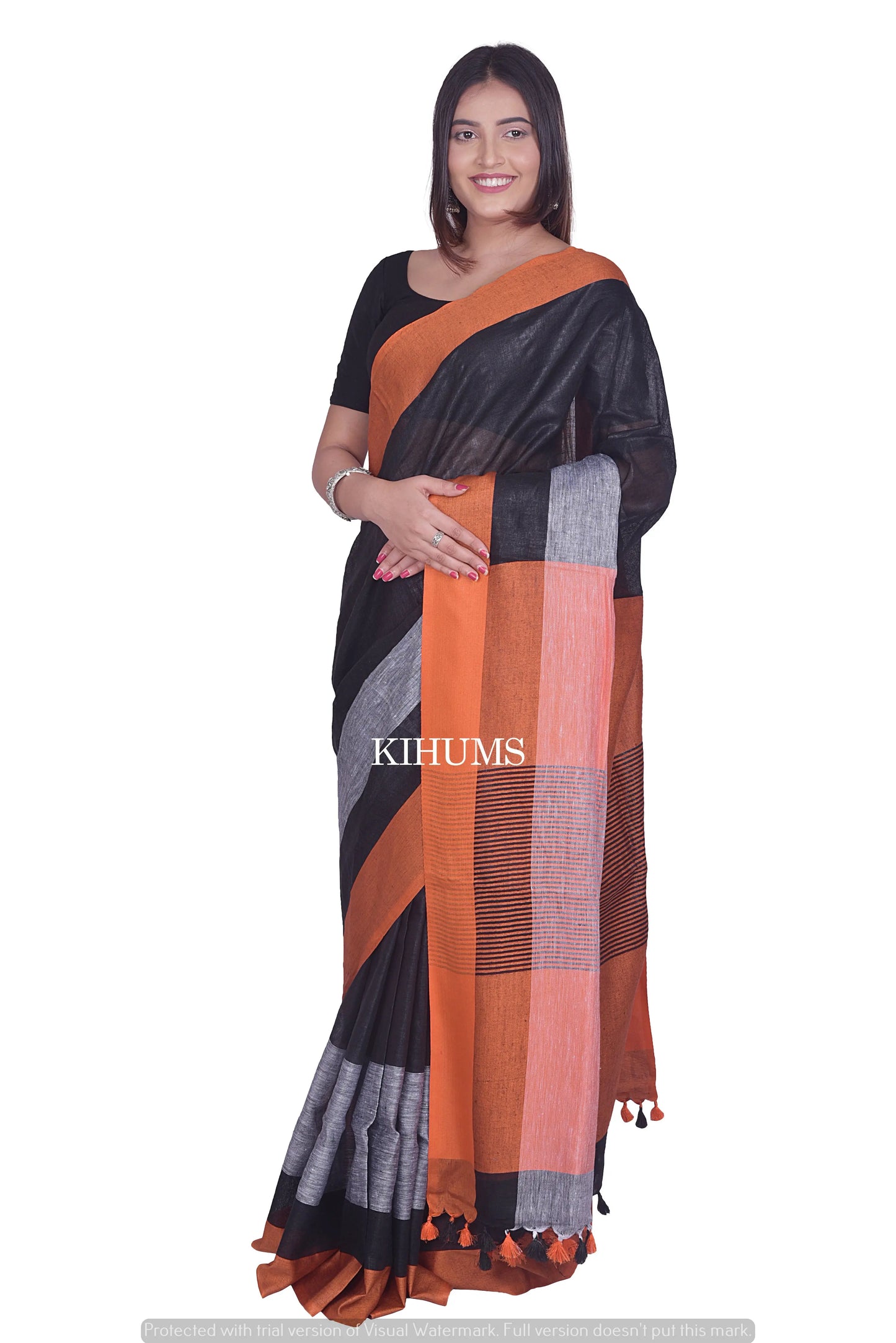 Black Handwoven Linen Saree | Contrast border | KIHUMS Saree kihums clothing