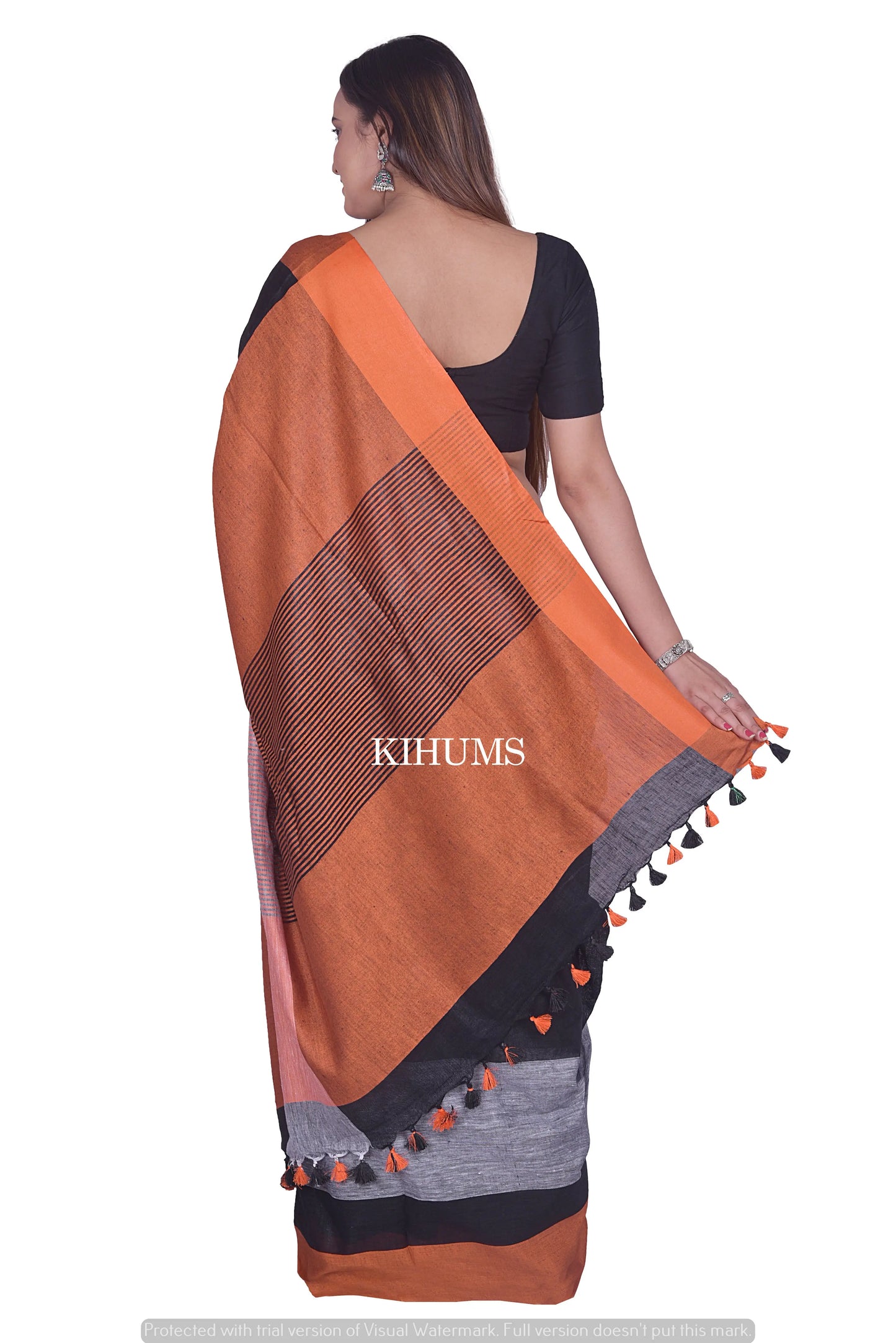 Black Handwoven Linen Saree | Contrast border | KIHUMS Saree kihums clothing