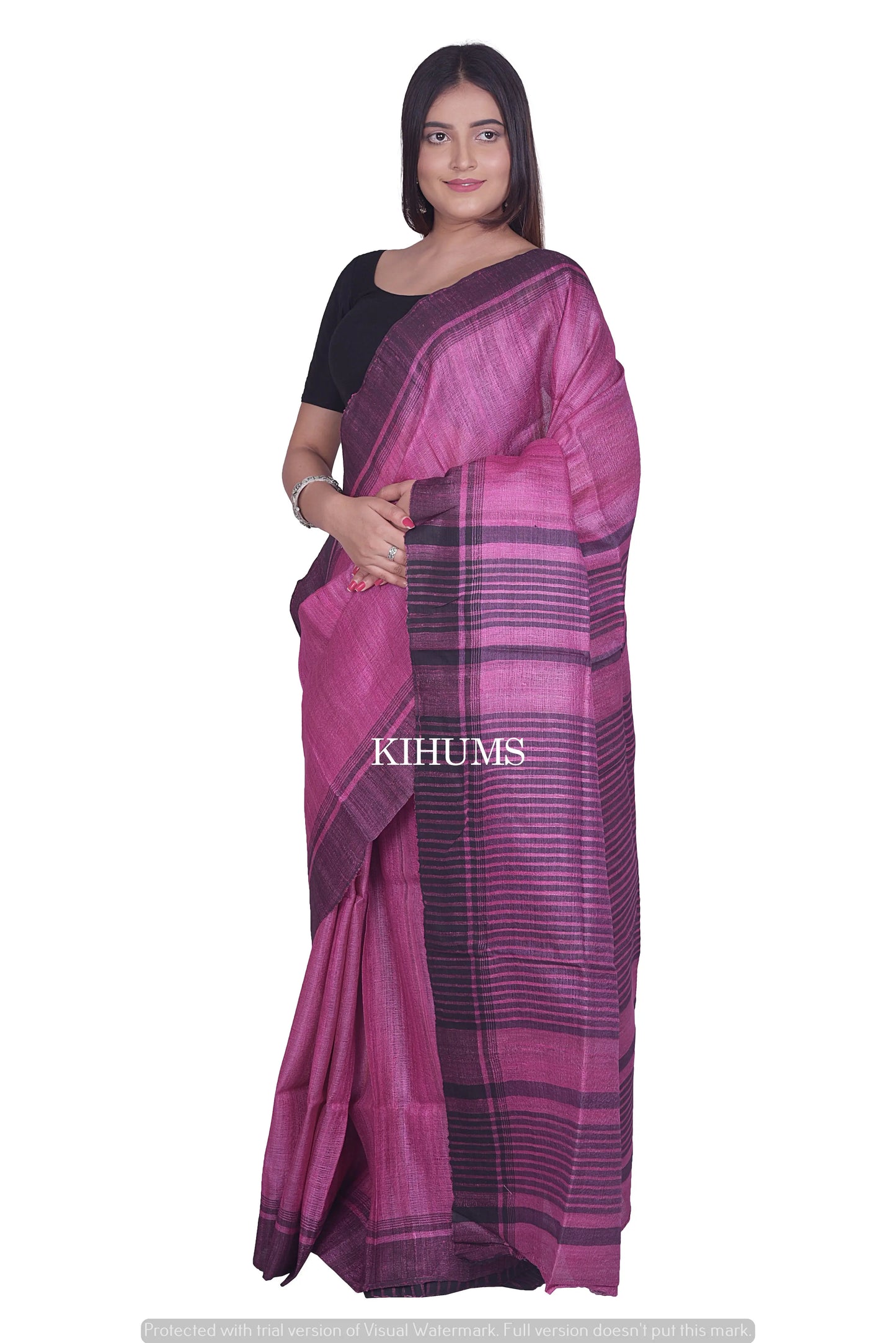 Pink Shade Handwoven Tussar Silk Saree | Contrast Border | KIHUMS Saree kihums clothing