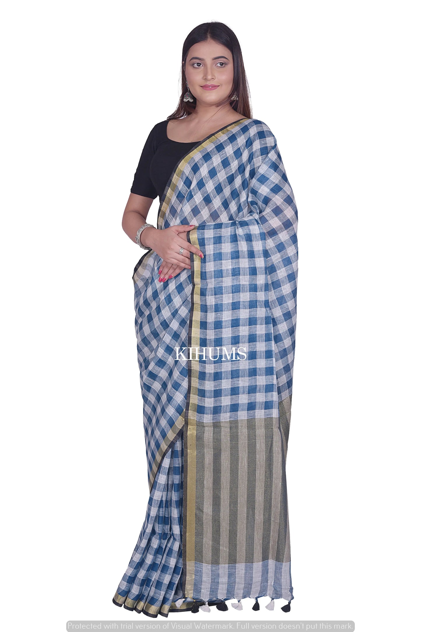 Blue and White Checks Handmade Pure Linen Saree | Gold Zari Border | KIHUMS Saree kihums clothing