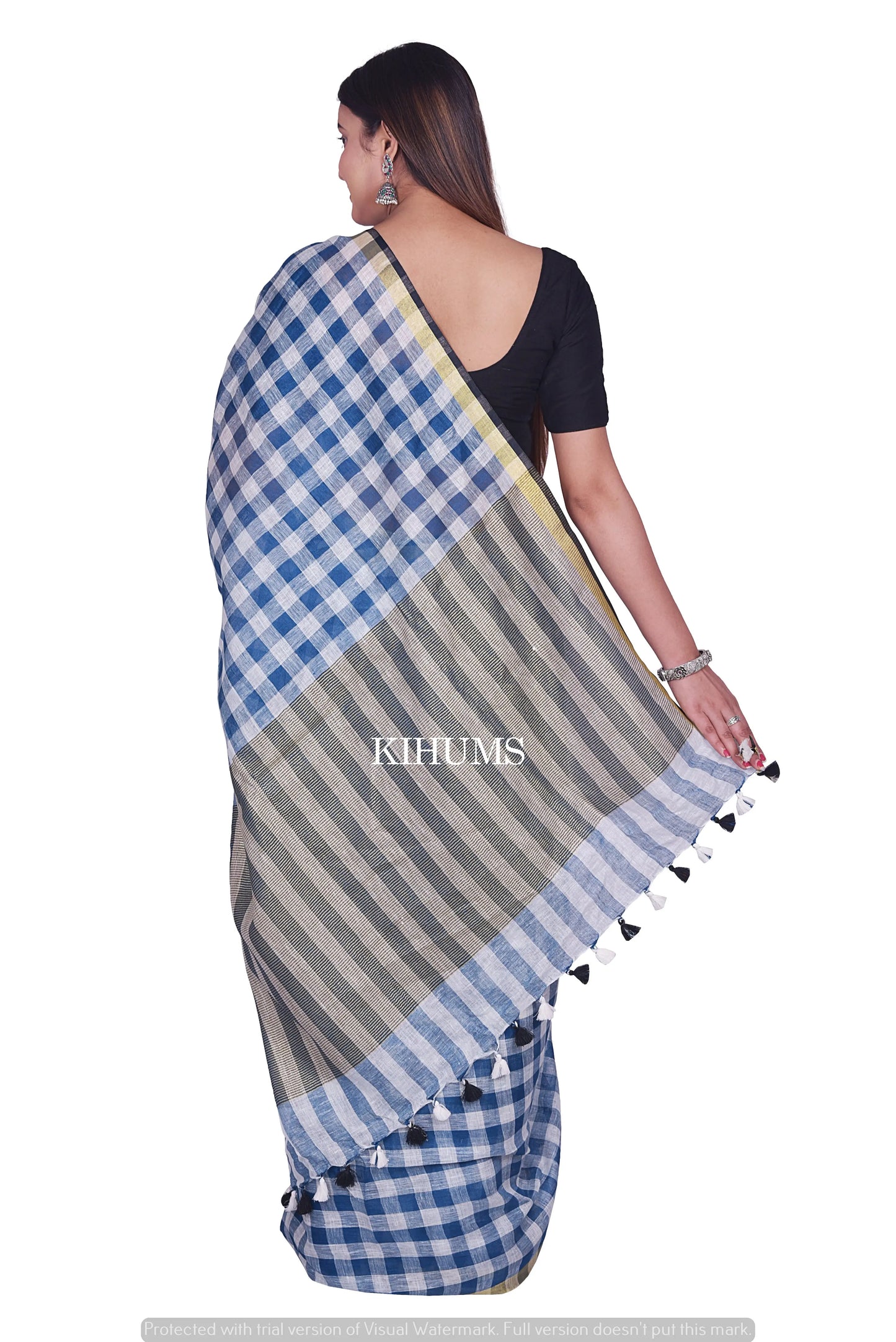 Blue and White Checks Handmade Pure Linen Saree | Gold Zari Border | KIHUMS Saree kihums clothing