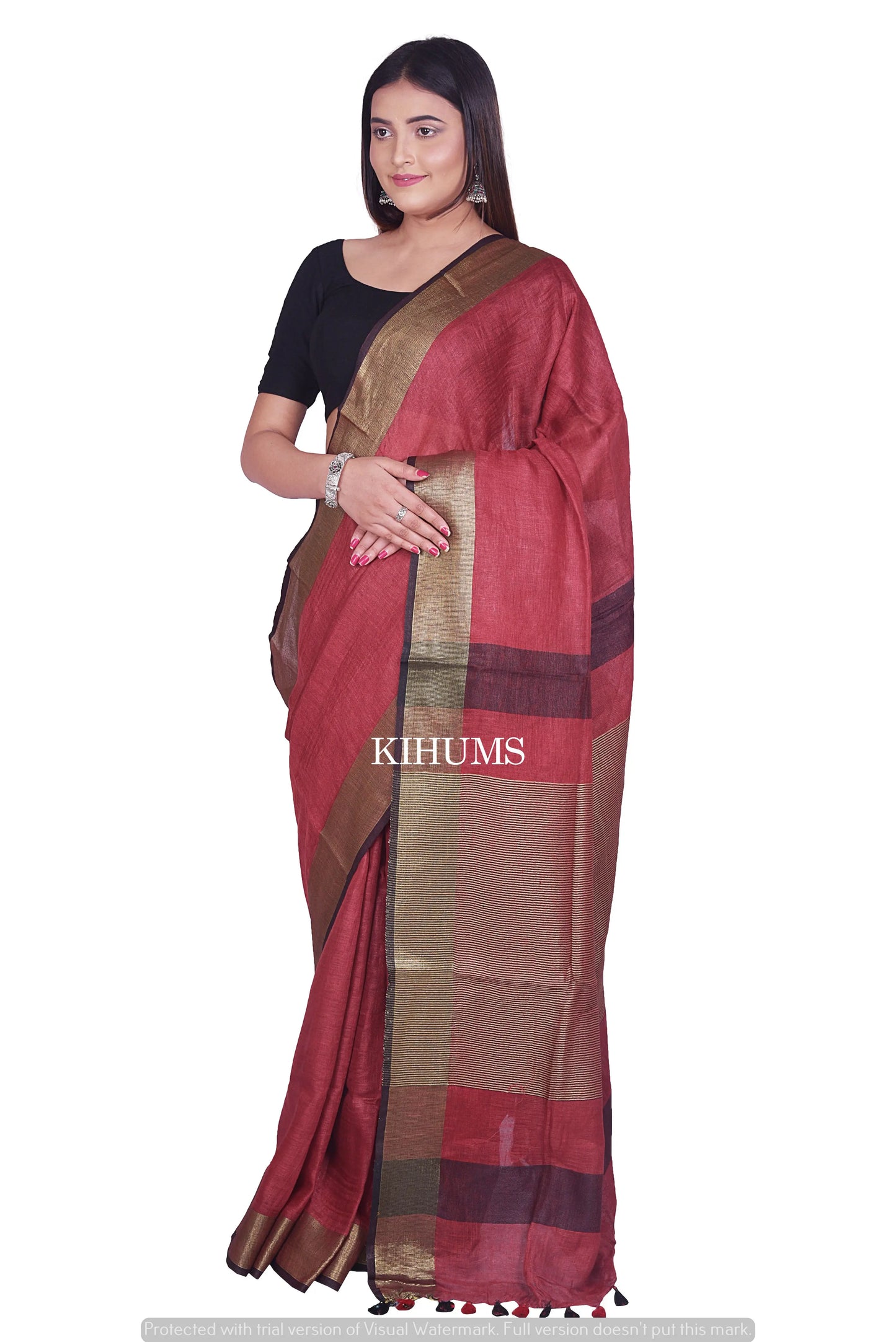 Maroon Shade Handmade Pure Linen Saree | Gold Zari Border | KIHUMS Saree kihums clothing
