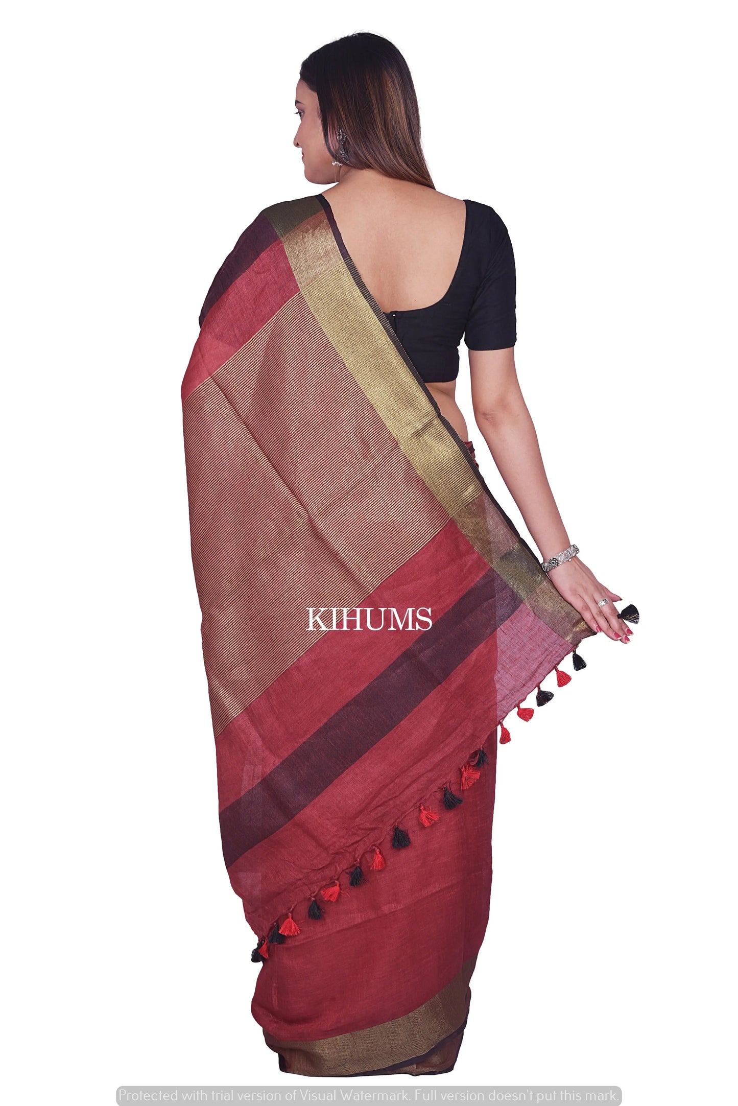 Maroon Shade Handmade Pure Linen Saree | Gold Zari Border | KIHUMS Saree kihums clothing