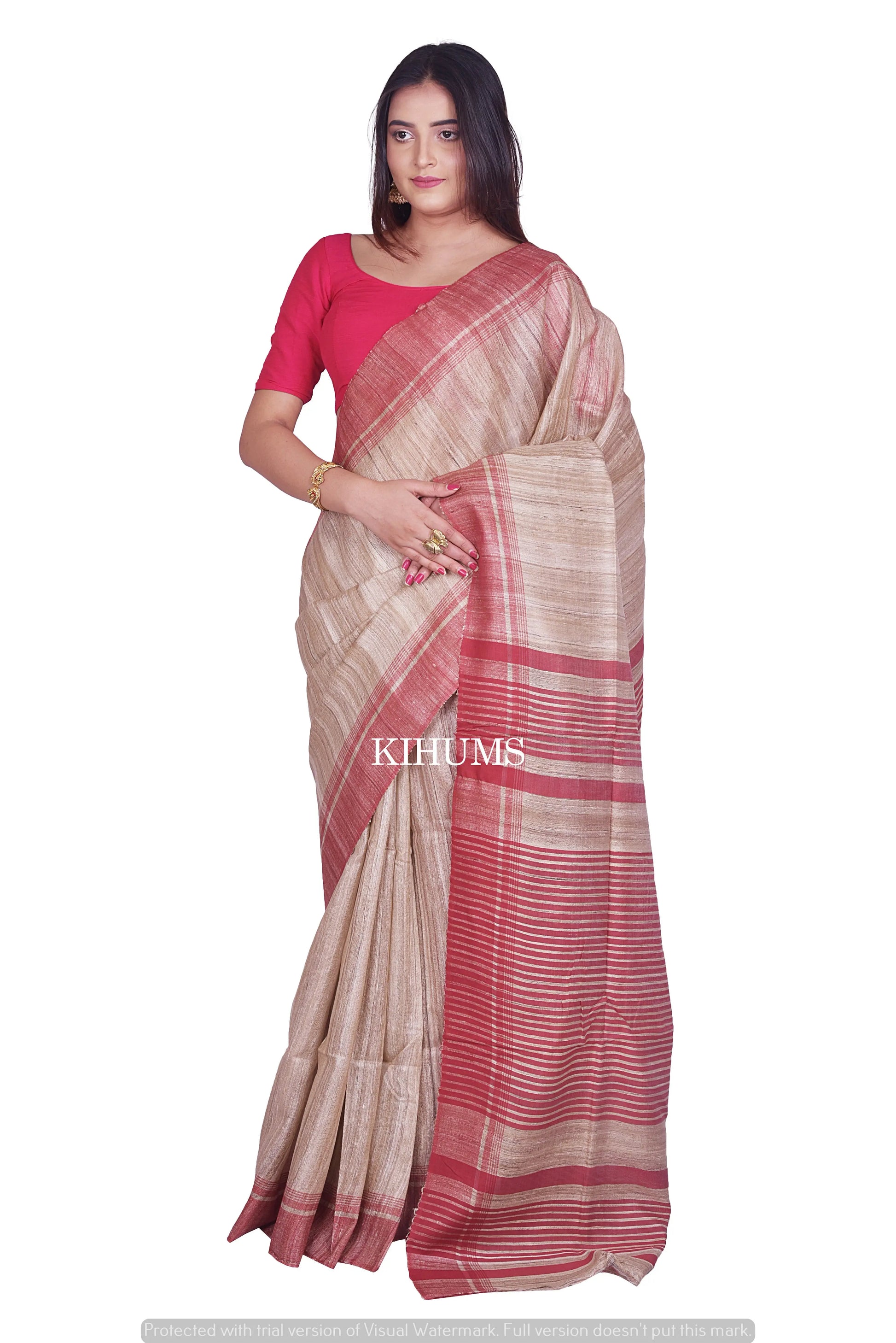 Natural Shade Handwoven Tussar Silk Saree | Contrast Border | KIHUMS Saree kihums clothing