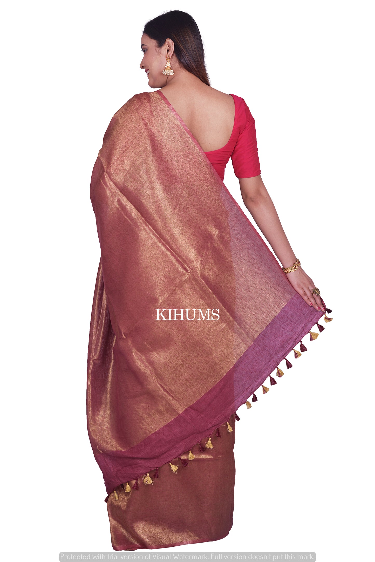 Dark Maroon Shade with Golden Zari | Tissue Linen Saree | KIHUMS Saree