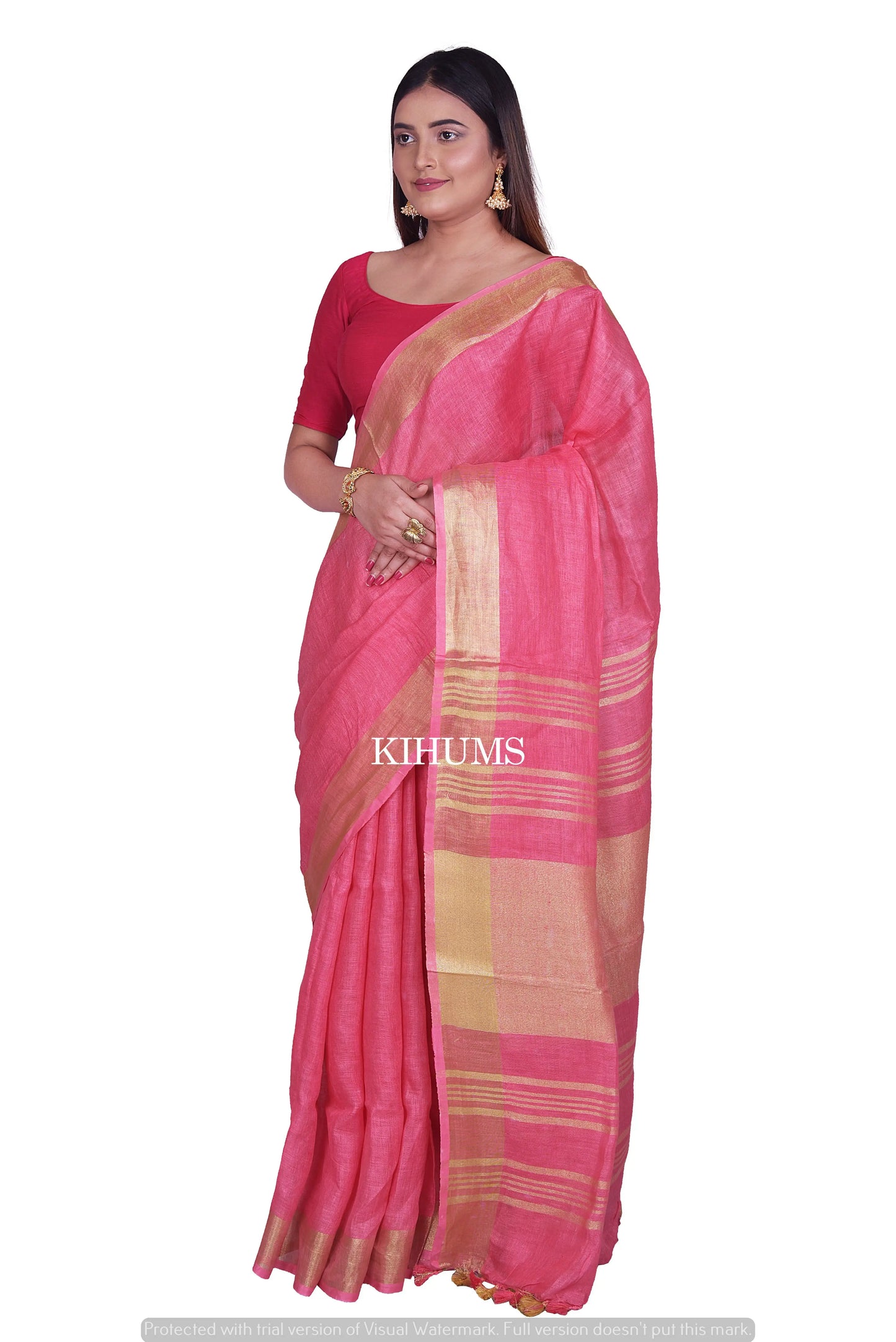 Pink Shade Handmade Pure Linen Saree | Gold Zari Border | KIHUMS Saree kihums clothing