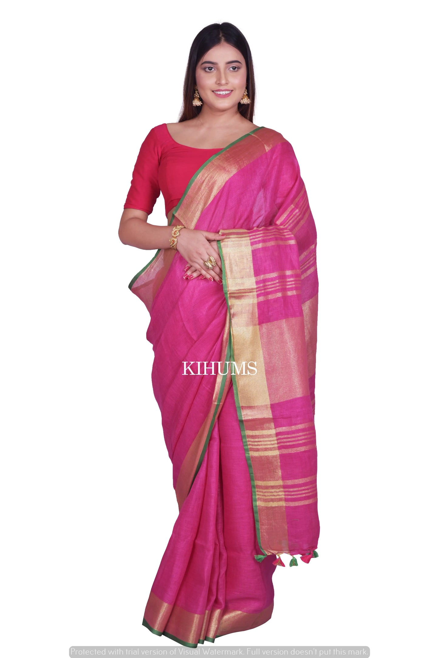 Pink Shade Handmade Pure Linen Saree | Contrast Blouse | KIHUMS Saree kihums clothing