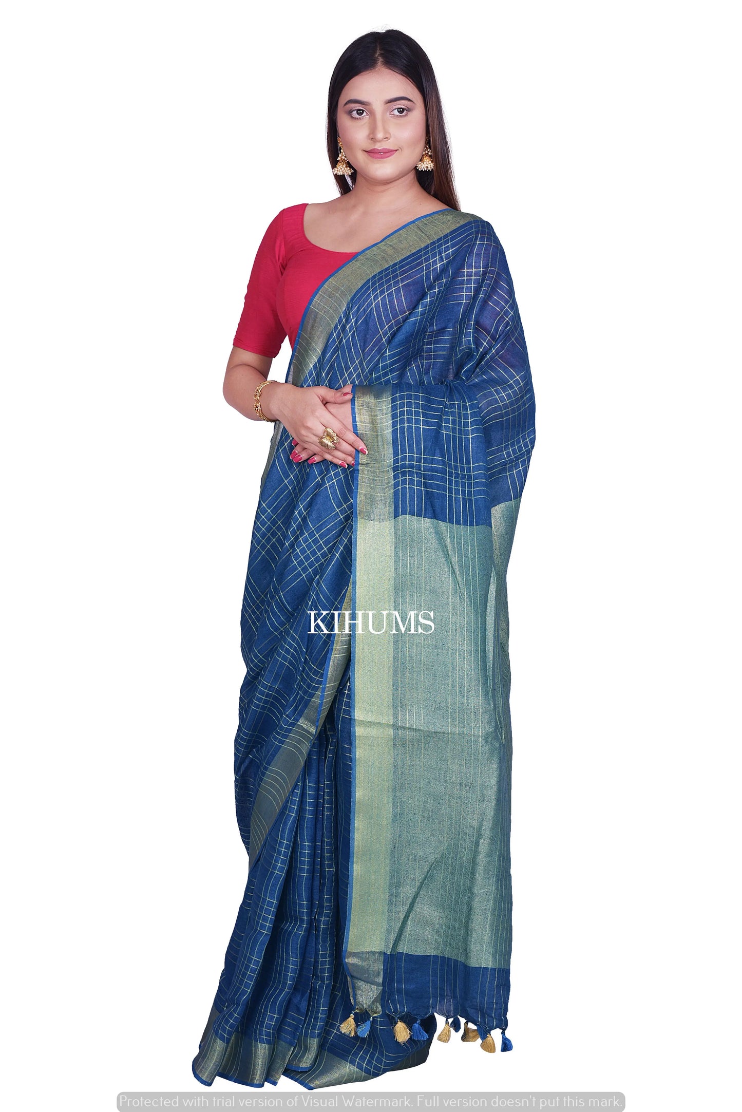 Blue Shade Handmade Pure Linen Saree | Gold Zari Checks | KIHUMS Saree kihums clothing