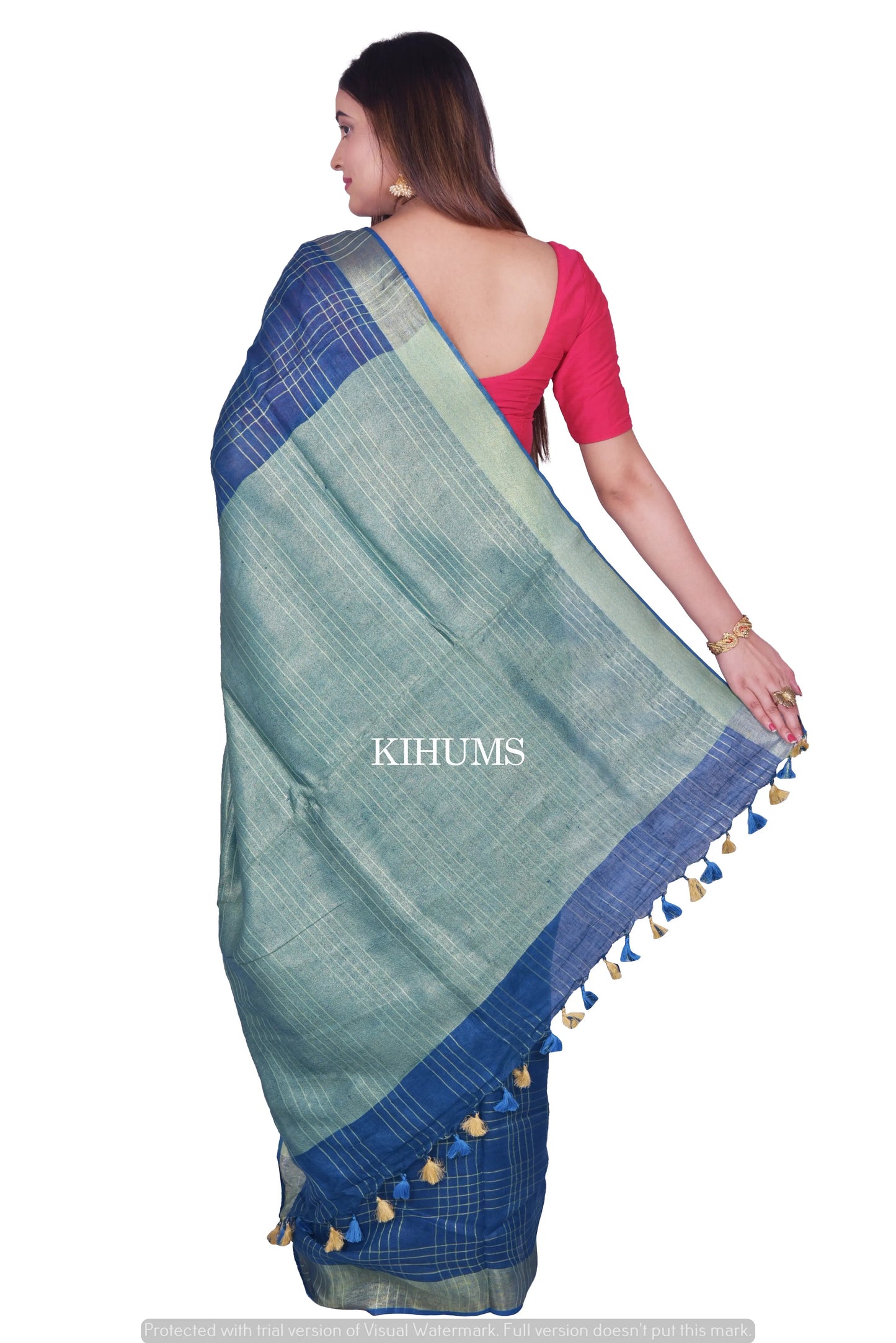 Blue Shade Handmade Pure Linen Saree | Gold Zari Checks | KIHUMS Saree kihums clothing