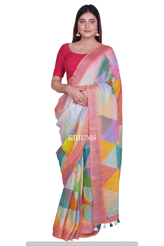 Multicolored printed linen saree | Handwoven Saree I Pretty Sari | Contrast Border kihums clothing