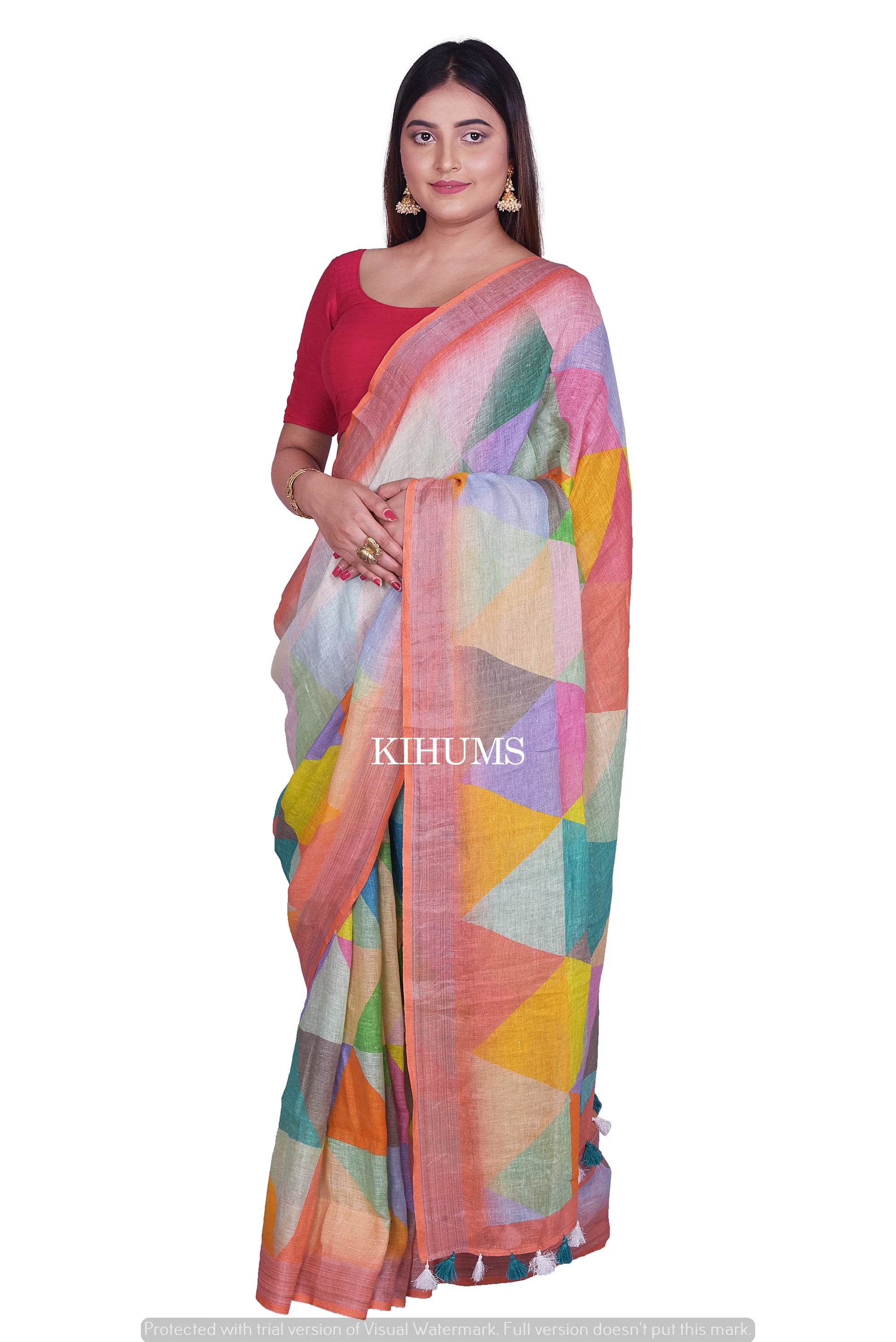 Multicolored printed linen saree | Handwoven Saree I Pretty Sari | Contrast Border kihums clothing