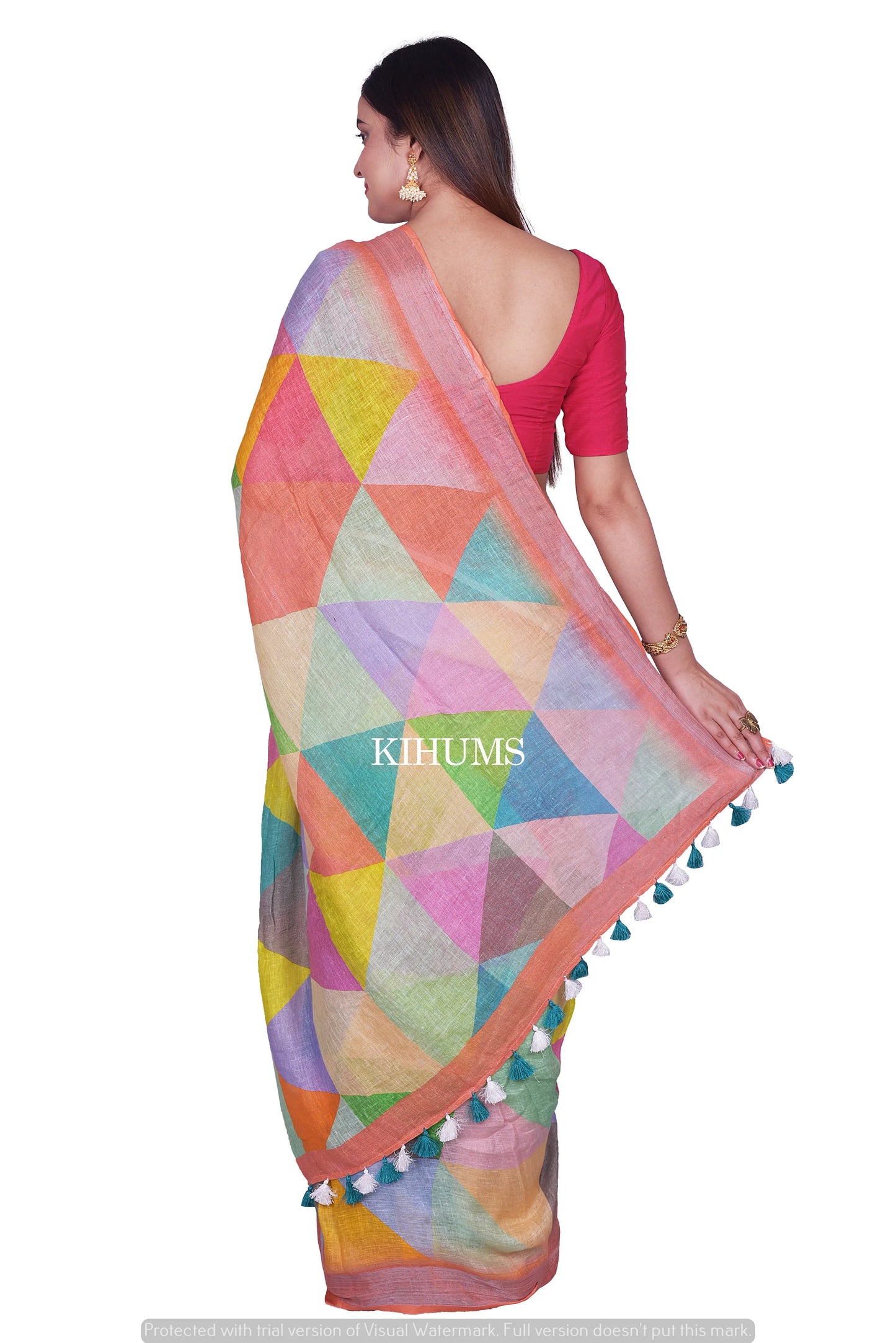 Multicolored printed linen saree | Handwoven Saree I Pretty Sari | Contrast Border kihums clothing