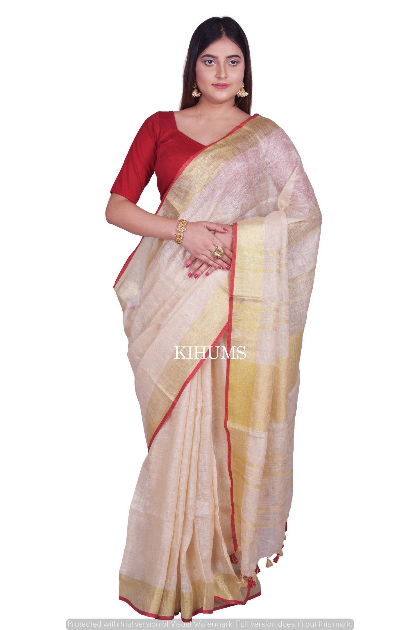 Cream Shade Handmade Linen Saree | Gold Zari Border | KIHUMS Saree kihums clothing