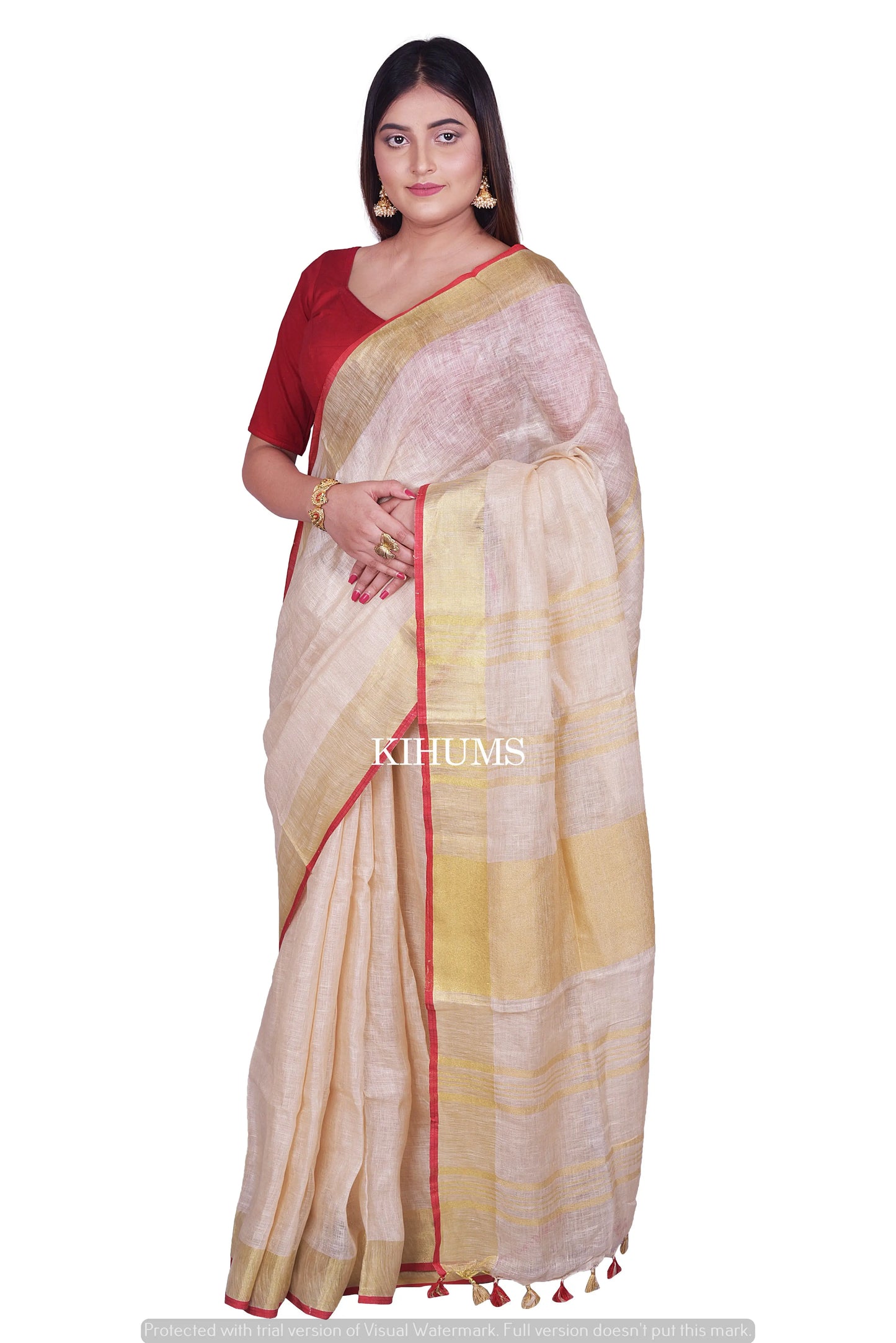 Cream Shade Handmade Linen Saree | Gold Zari Border | KIHUMS Saree kihums clothing