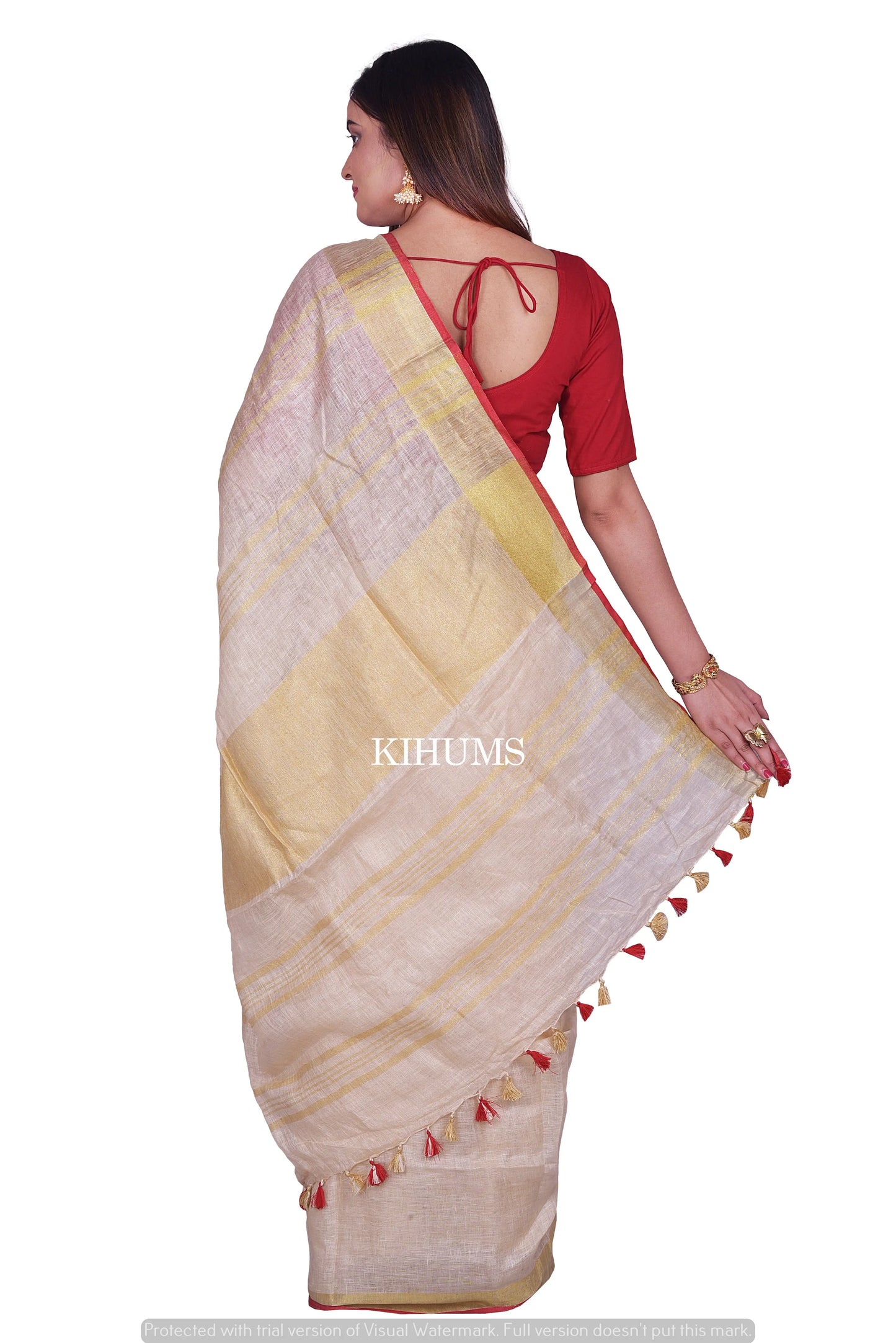 Cream Shade Handmade Linen Saree | Gold Zari Border | KIHUMS Saree kihums clothing