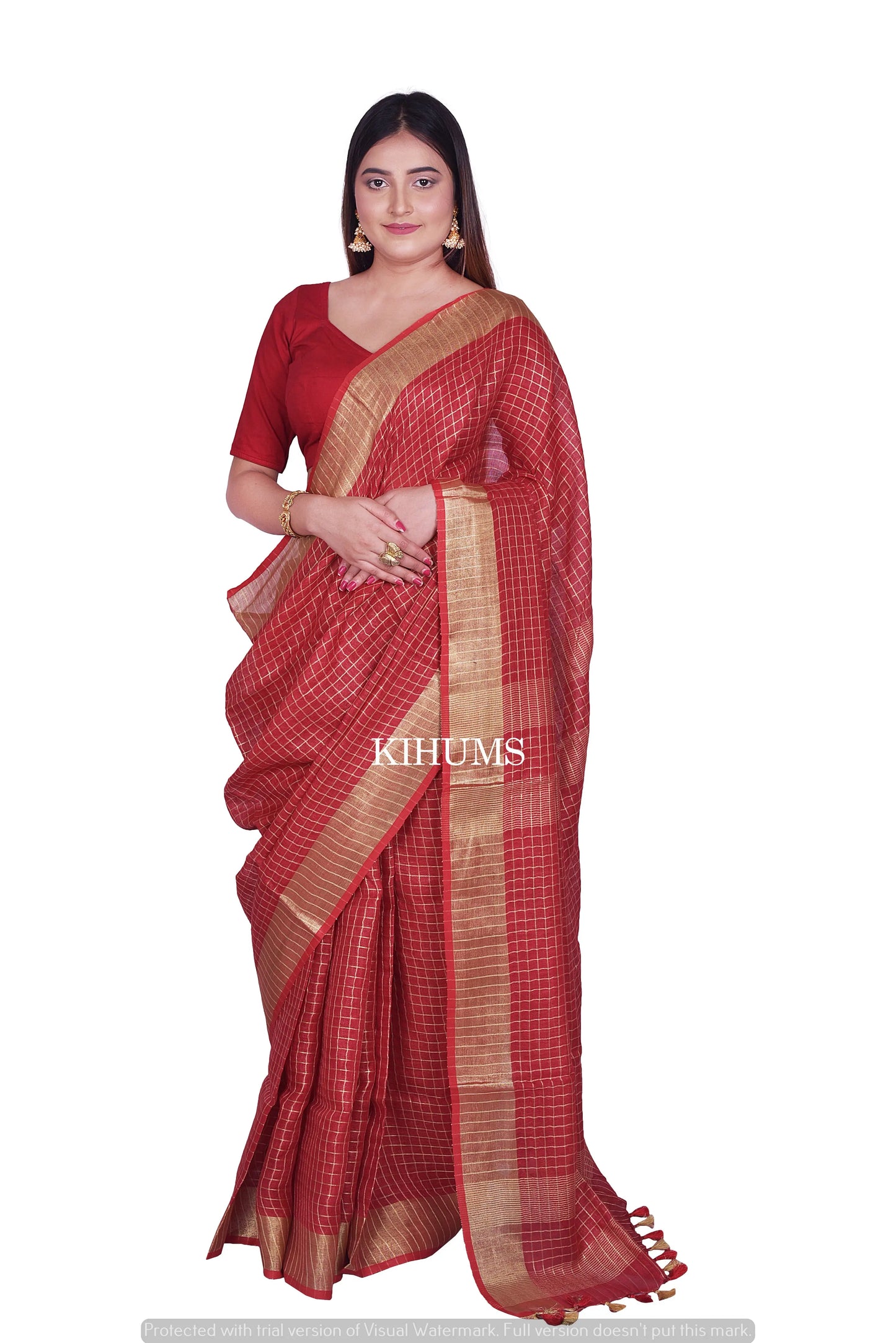 Dark Red Shade Handmade Pure Linen Saree | Gold Zari Checks | KIHUMS Saree kihums clothing