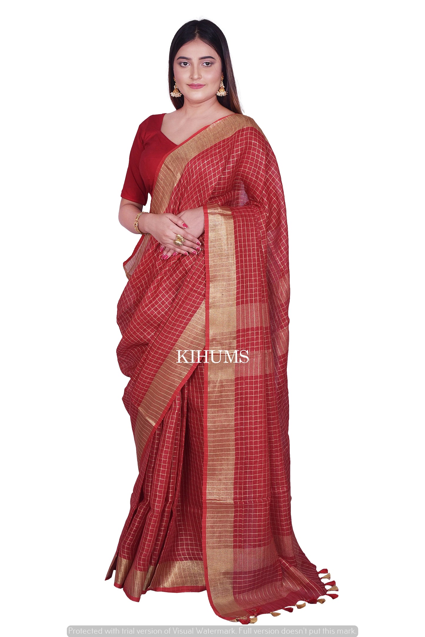 Dark Red Shade Handmade Pure Linen Saree | Gold Zari Checks | KIHUMS Saree kihums clothing
