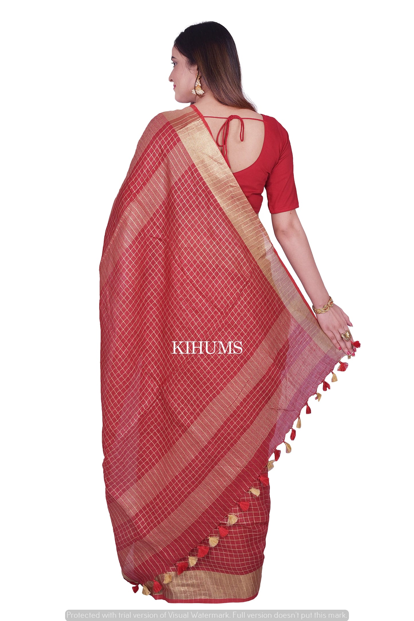 Dark Red Shade Handmade Pure Linen Saree | Gold Zari Checks | KIHUMS Saree kihums clothing