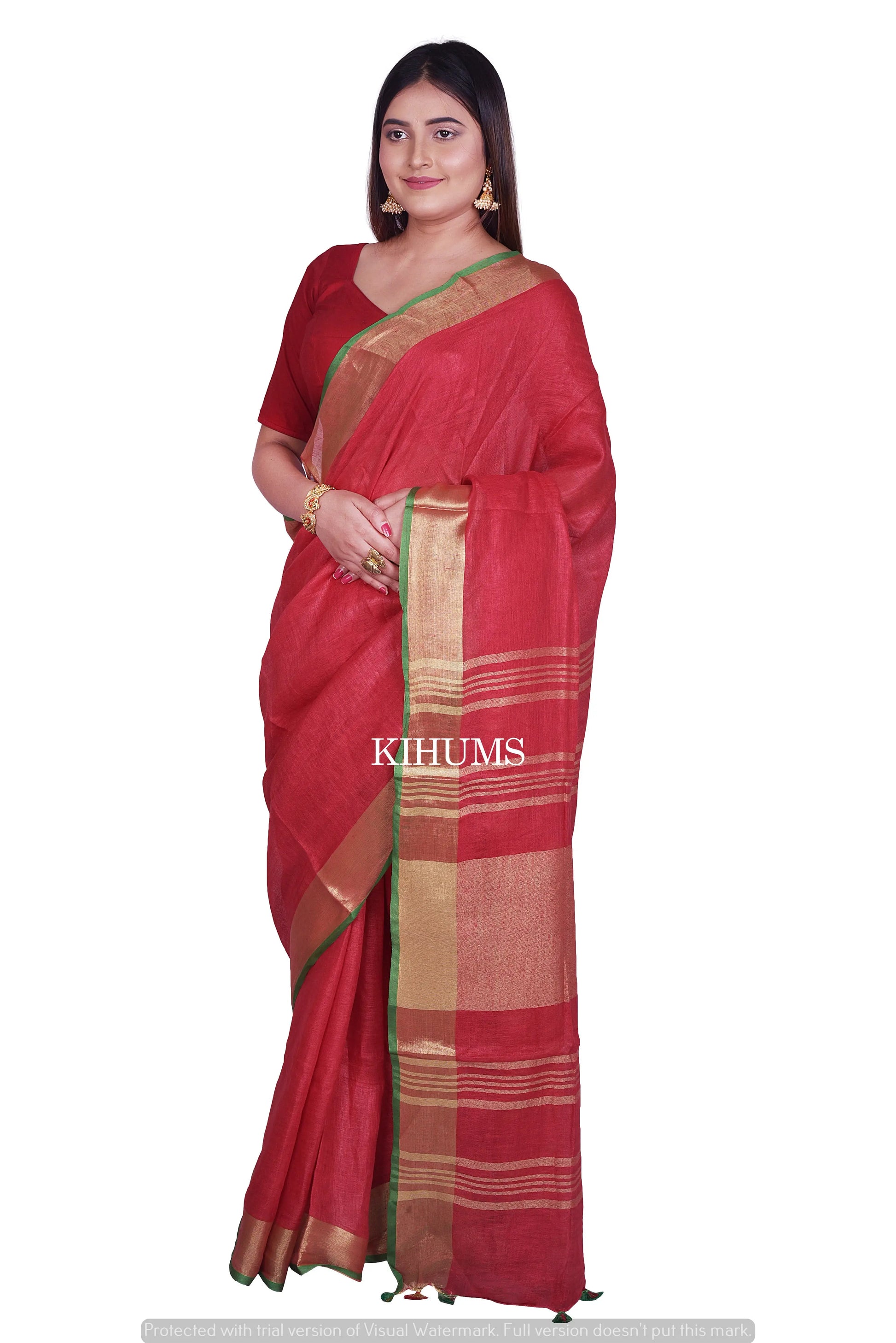 Red Shade Handwoven Linen Saree | Contrast Blouse | KIHUMS Saree kihums clothing