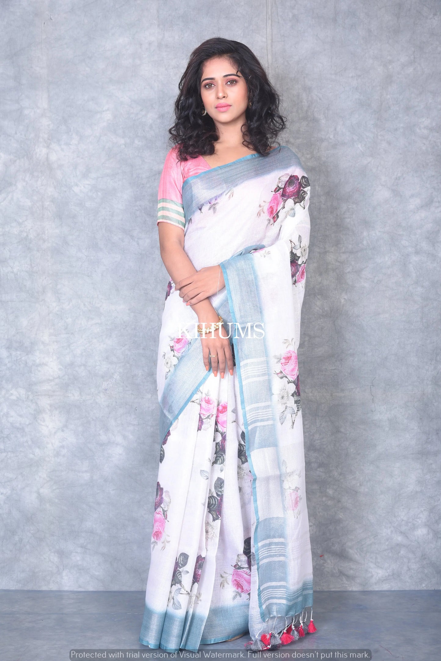 White Floral linen saree I Linen Sarees I Handwoven Saree I Pretty Sari | Contrast Border kihums clothing