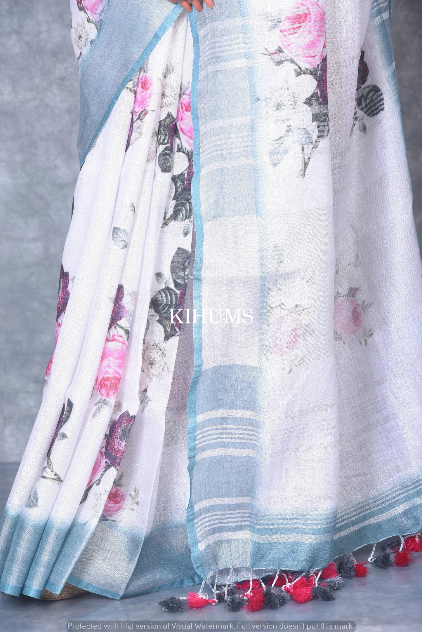 White Floral linen saree I Linen Sarees I Handwoven Saree I Pretty Sari | Contrast Border kihums clothing