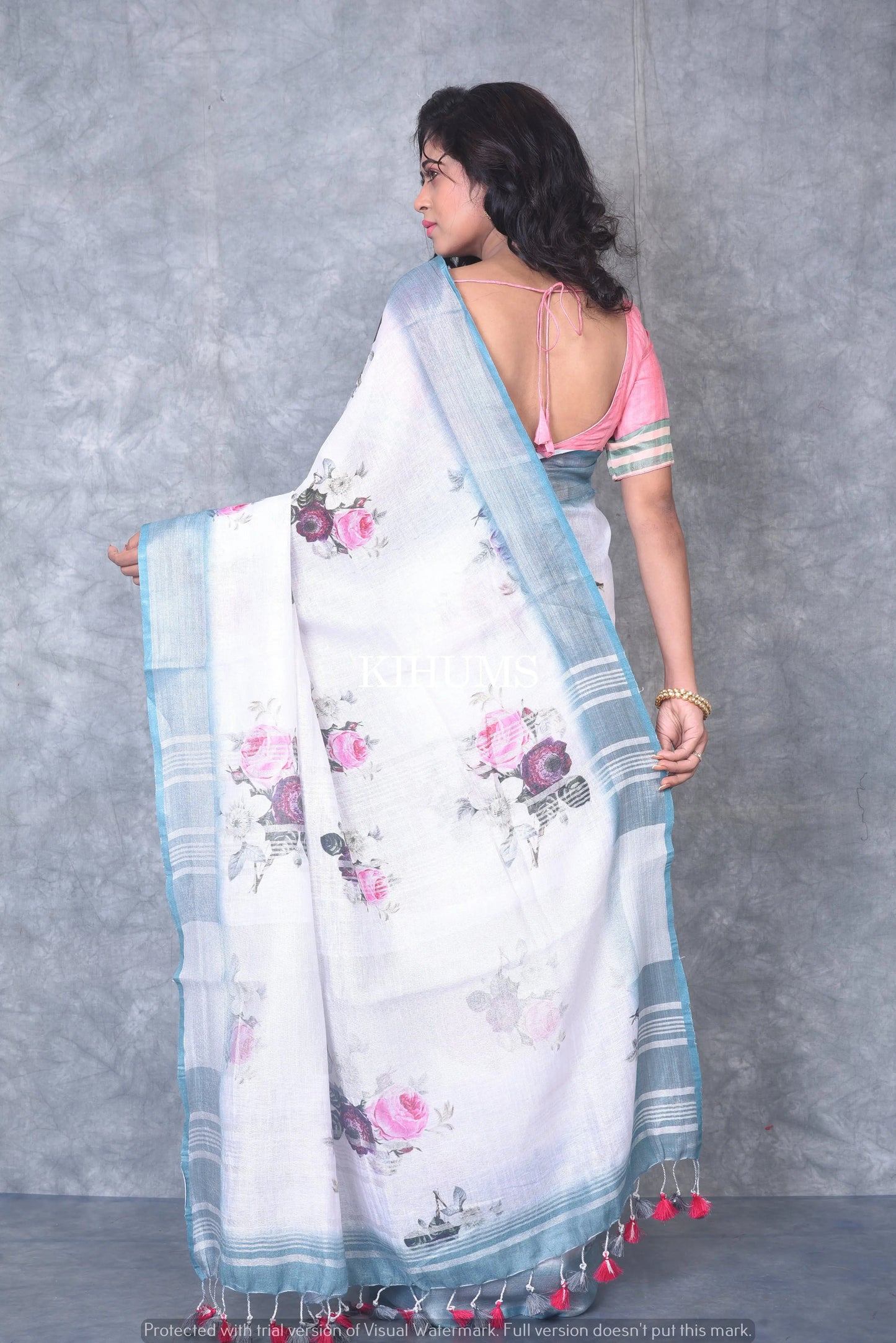 White Floral linen saree I Linen Sarees I Handwoven Saree I Pretty Sari | Contrast Border kihums clothing